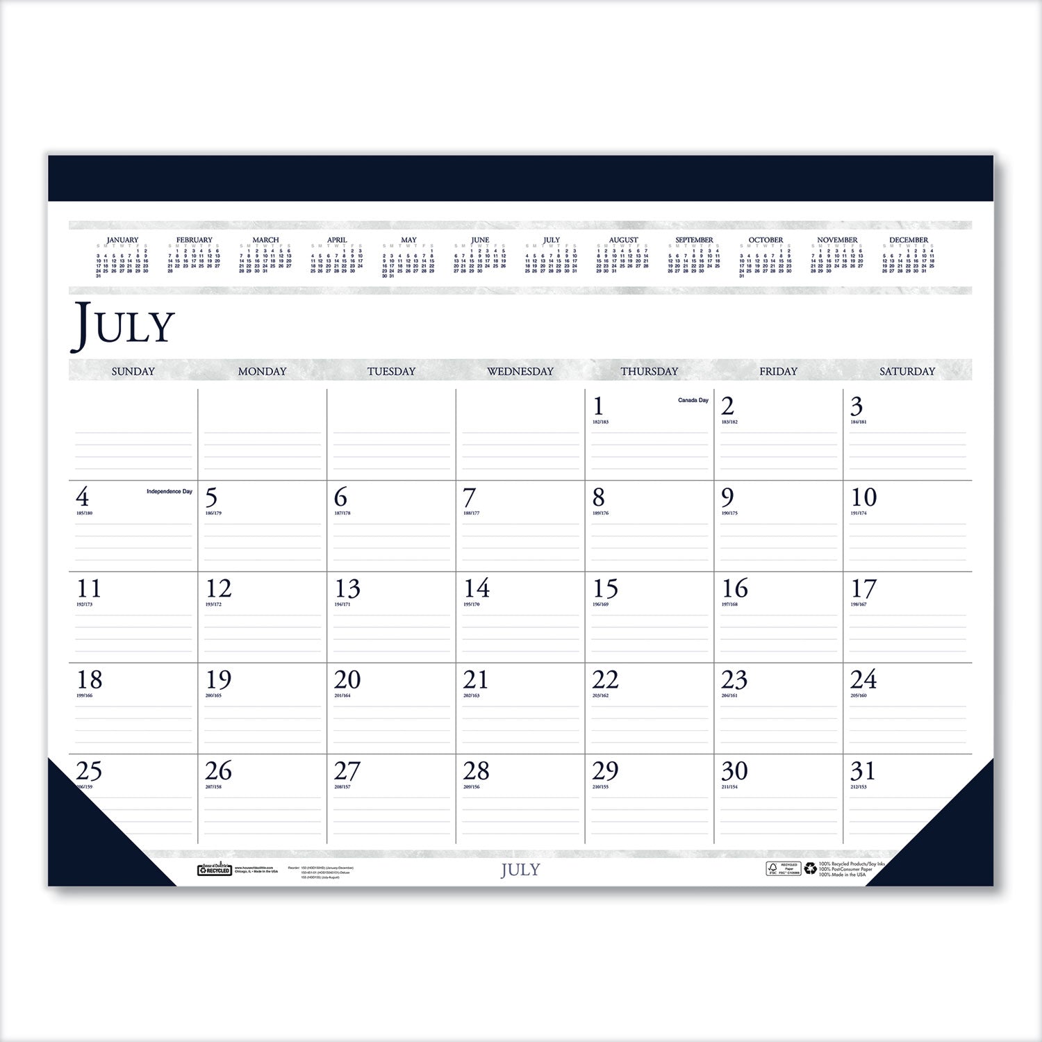 House of Doolittle Recycled Academic Desk Pad Calendar, 18.5 x 13, White/Blue Sheets, Blue Binding/Corners, 14-Month (July to Aug): 2022 to 2023