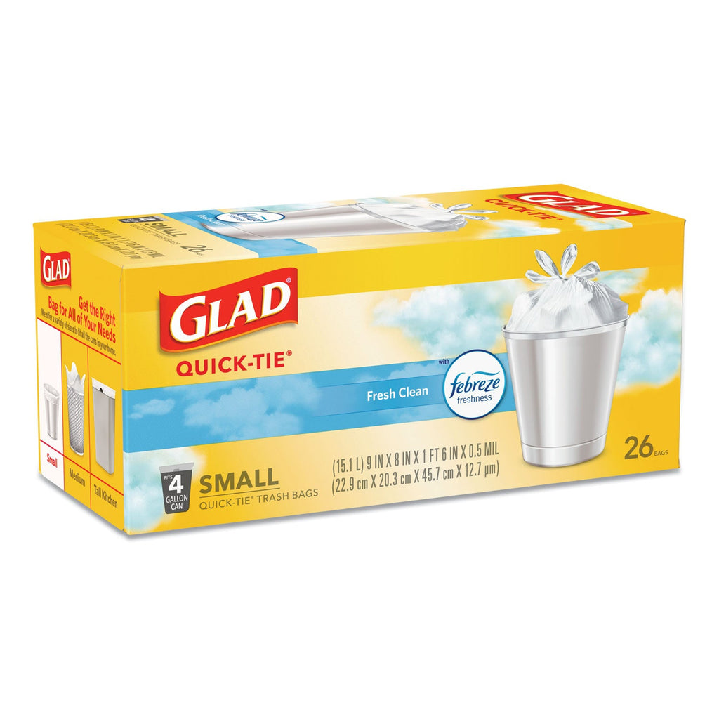 Glad OdorShield Quick-Tie Small Trash Bags, 4 gal, 0.5 mil, 8" x 18", White, 156/Carton