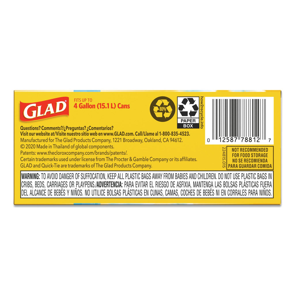 Glad OdorShield Quick-Tie Small Trash Bags, 4 gal, 0.5 mil, 8" x 18", White, 156/Carton