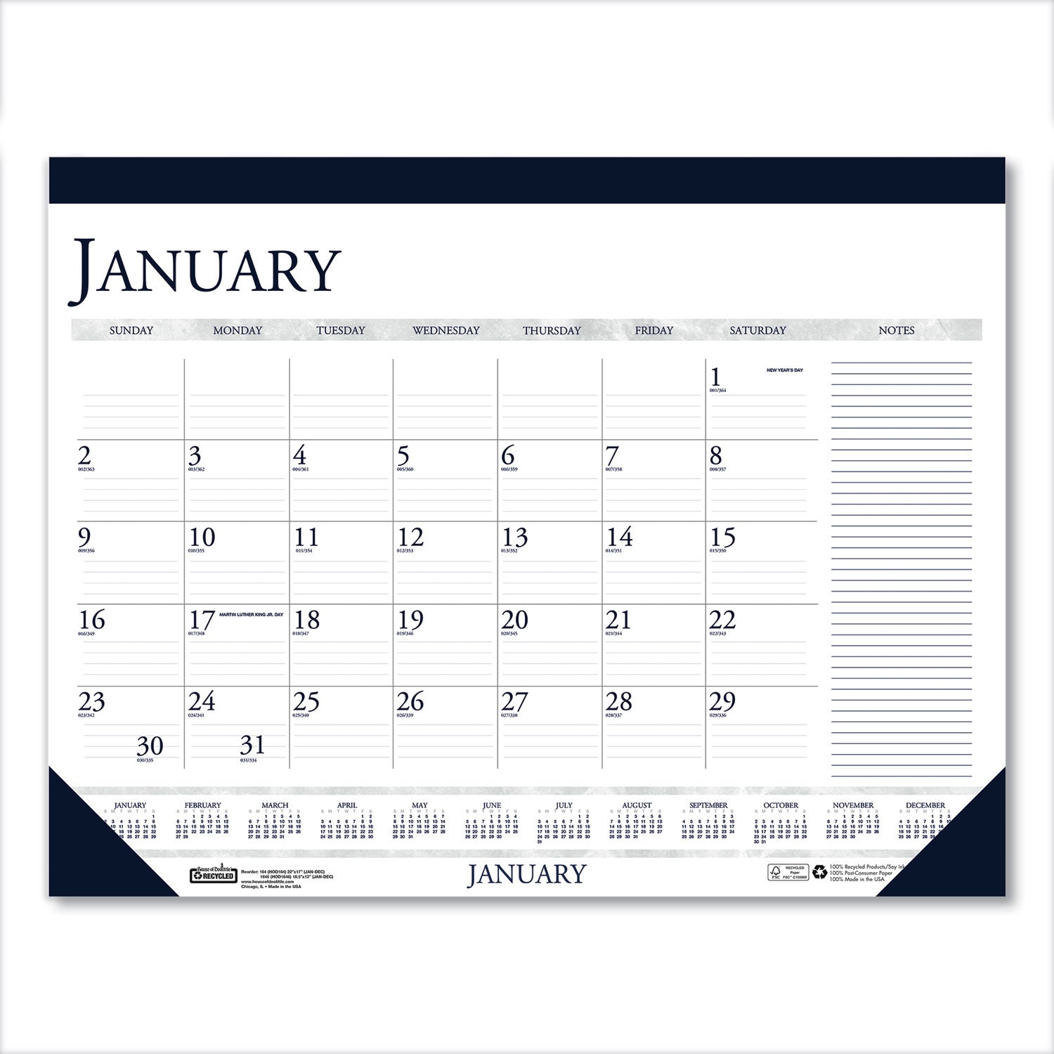 House of Doolittle Recycled Two-Color Monthly Desk Pad Calendar with Notes Section, 18.5 x 13, Blue Binding/Corners, 12-Month (Jan-Dec): 2023