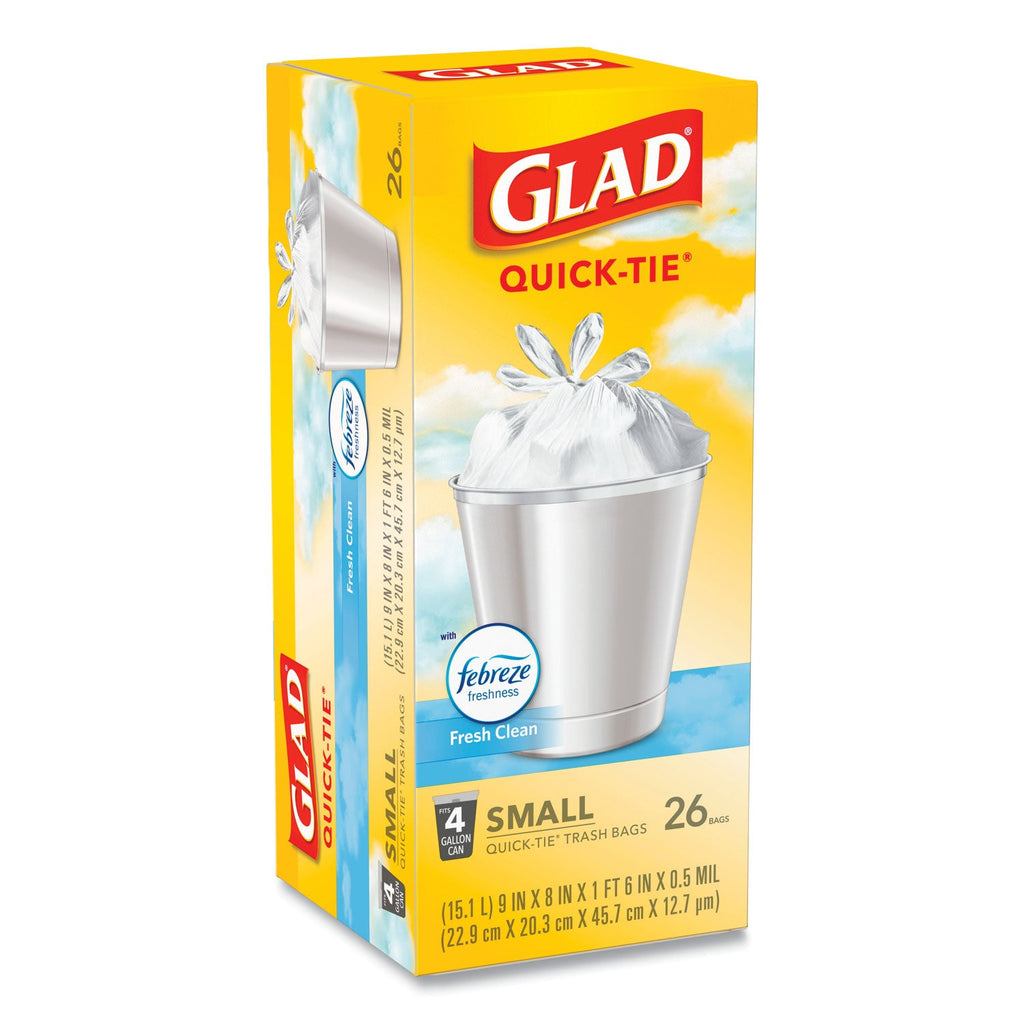 Glad OdorShield Quick-Tie Small Trash Bags, 4 gal, 0.5 mil, 8" x 18", White, 156/Carton