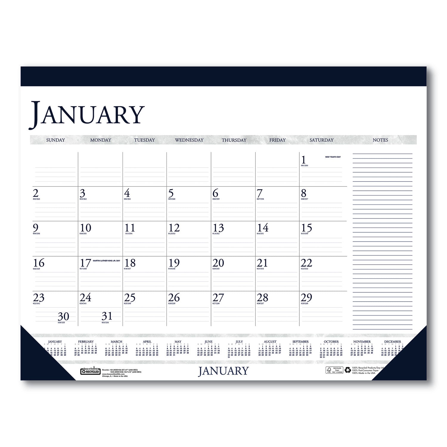 House of Doolittle Recycled Two-Color Monthly Desk Pad Calendar with Notes Section, 22 x 17, Blue Binding/Corners, 12-Month (Jan-Dec): 2023