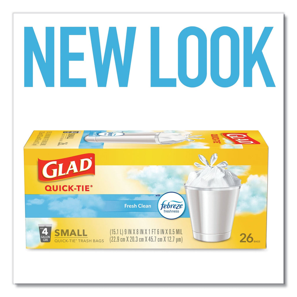 Glad OdorShield Quick-Tie Small Trash Bags, 4 gal, 0.5 mil, 8" x 18", White, 156/Carton
