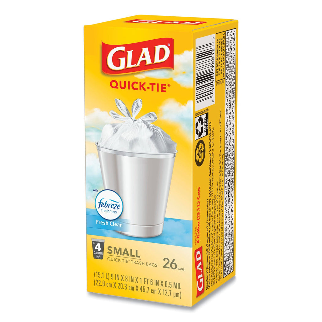 Glad OdorShield Quick-Tie Small Trash Bags, 4 gal, 0.5 mil, 8" x 18", White, 156/Carton