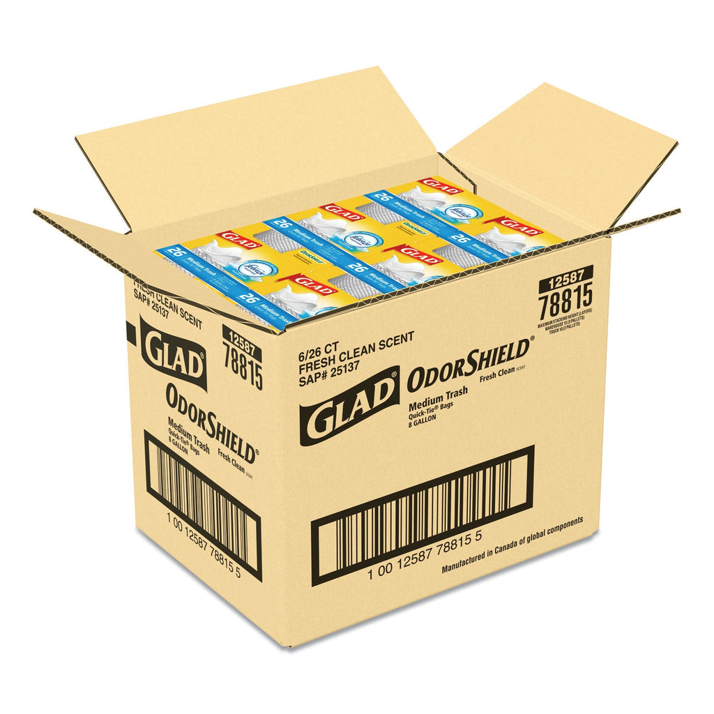 Glad OdorShield Medium Quick-Tie Trash Bags, 8 gal, 0.57 mil, 21.63" x 23", White, 156/Carton