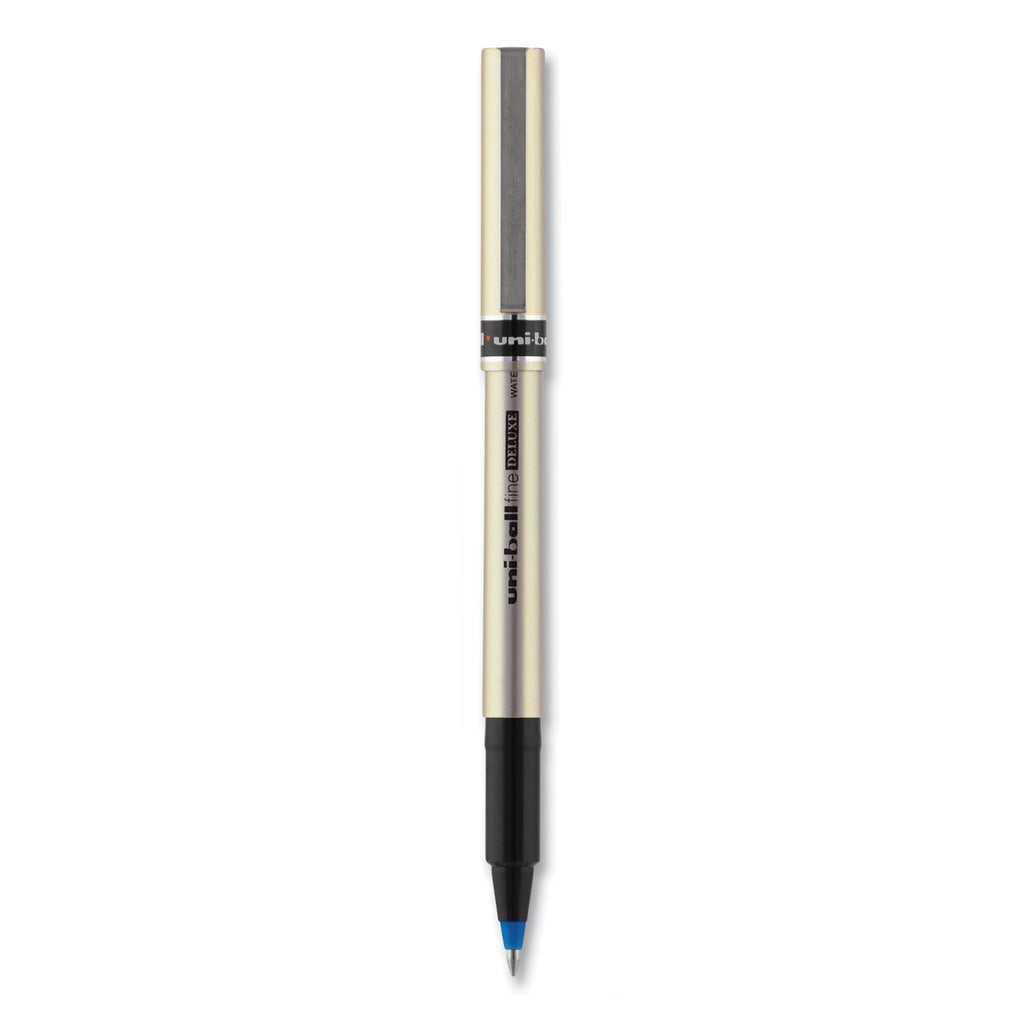 uniball Deluxe Roller Ball Pen, Stick, Fine 0.7 mm, Blue Ink, Champagne Barrel, Dozen