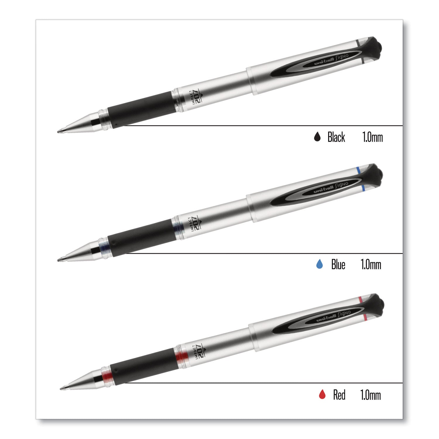 uniball 207 Impact Gel Pen, Stick, Bold 1 mm, Black Ink, Silver/Black Barrel