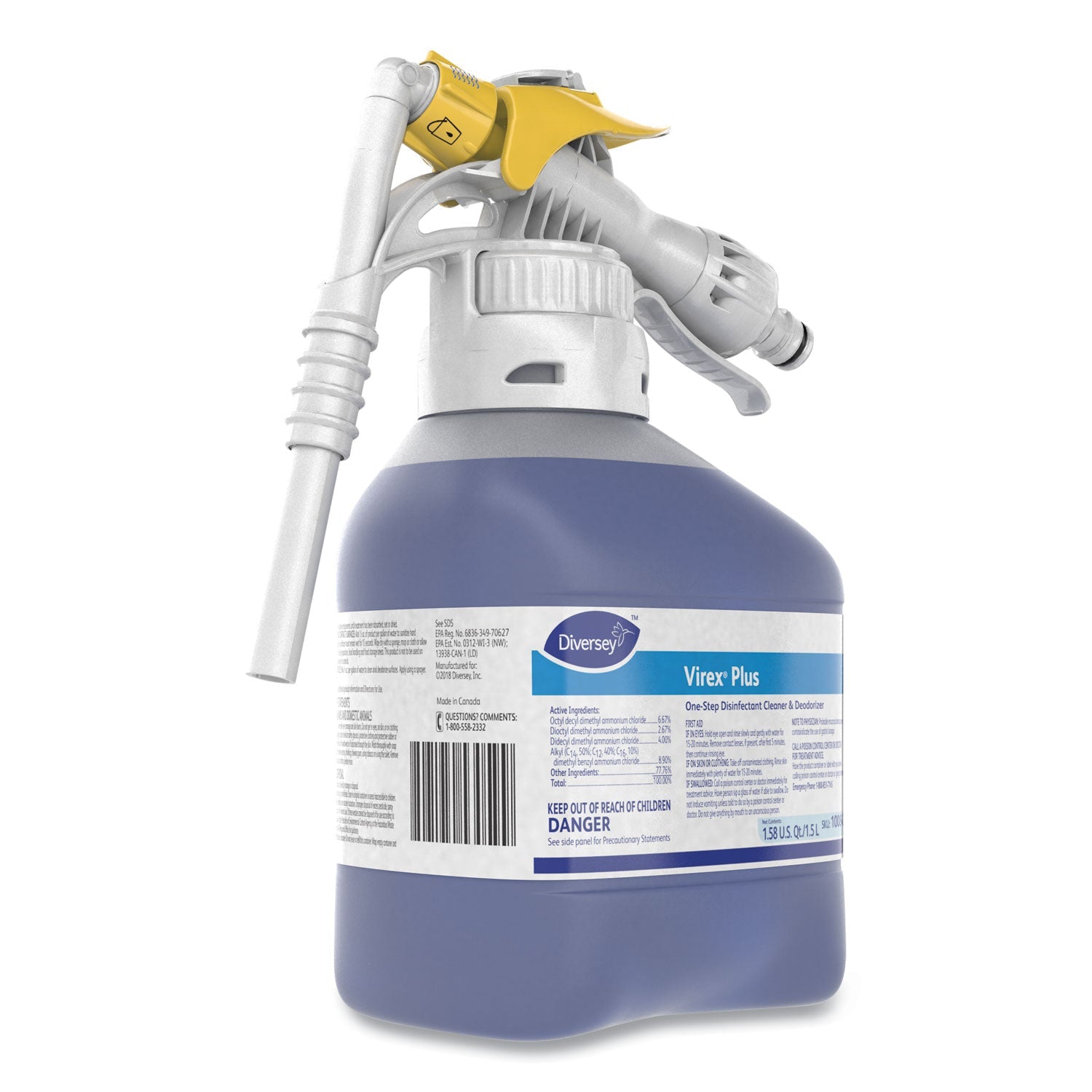 Diversey Virex Plus One-Step Disinfectant Cleaner and Deodorant, 1.5 L Closed-Loop Plastic Bottle, 2/Carton