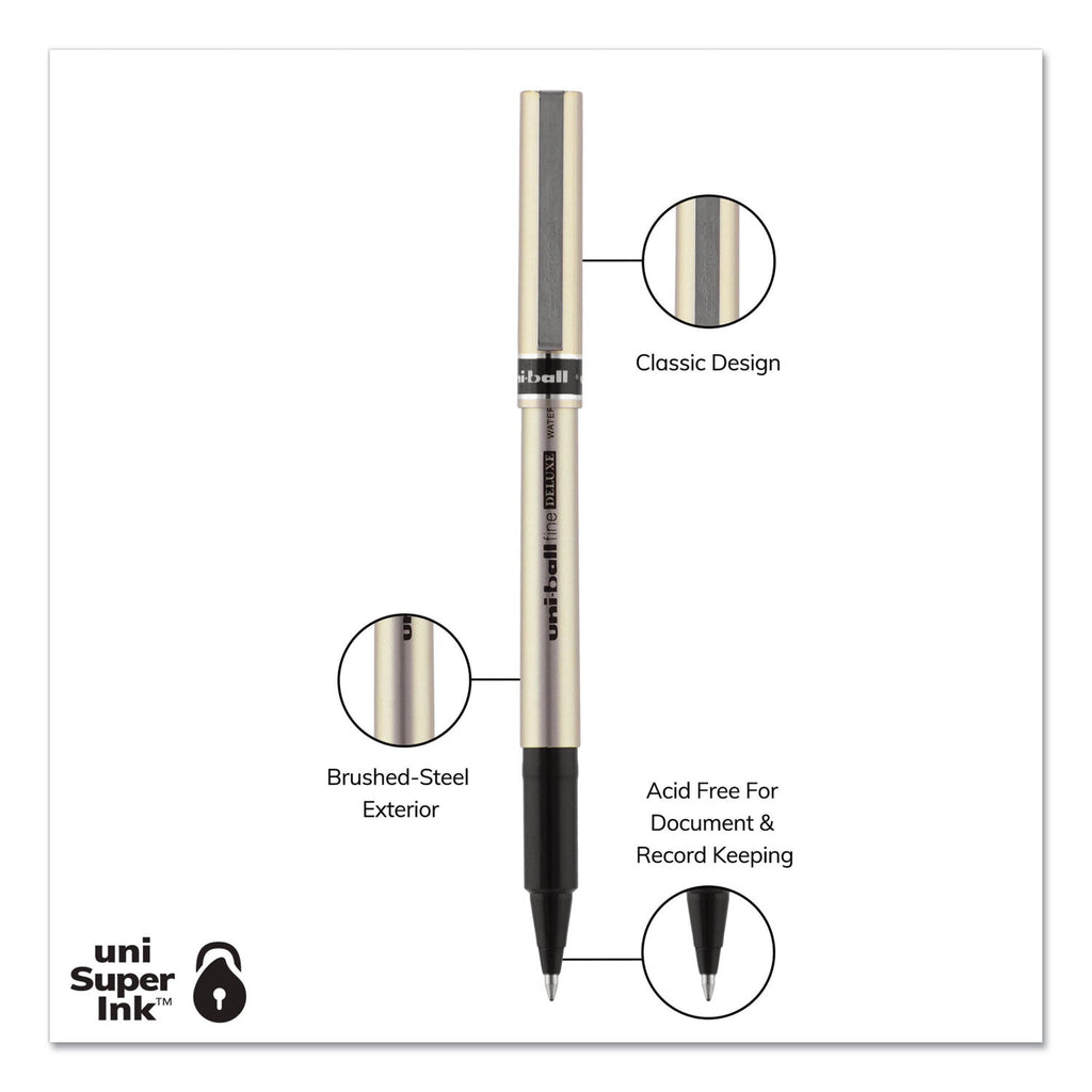 uniball Deluxe Roller Ball Pen, Stick, Fine 0.7 mm, Black Ink, Champagne Barrel, Dozen