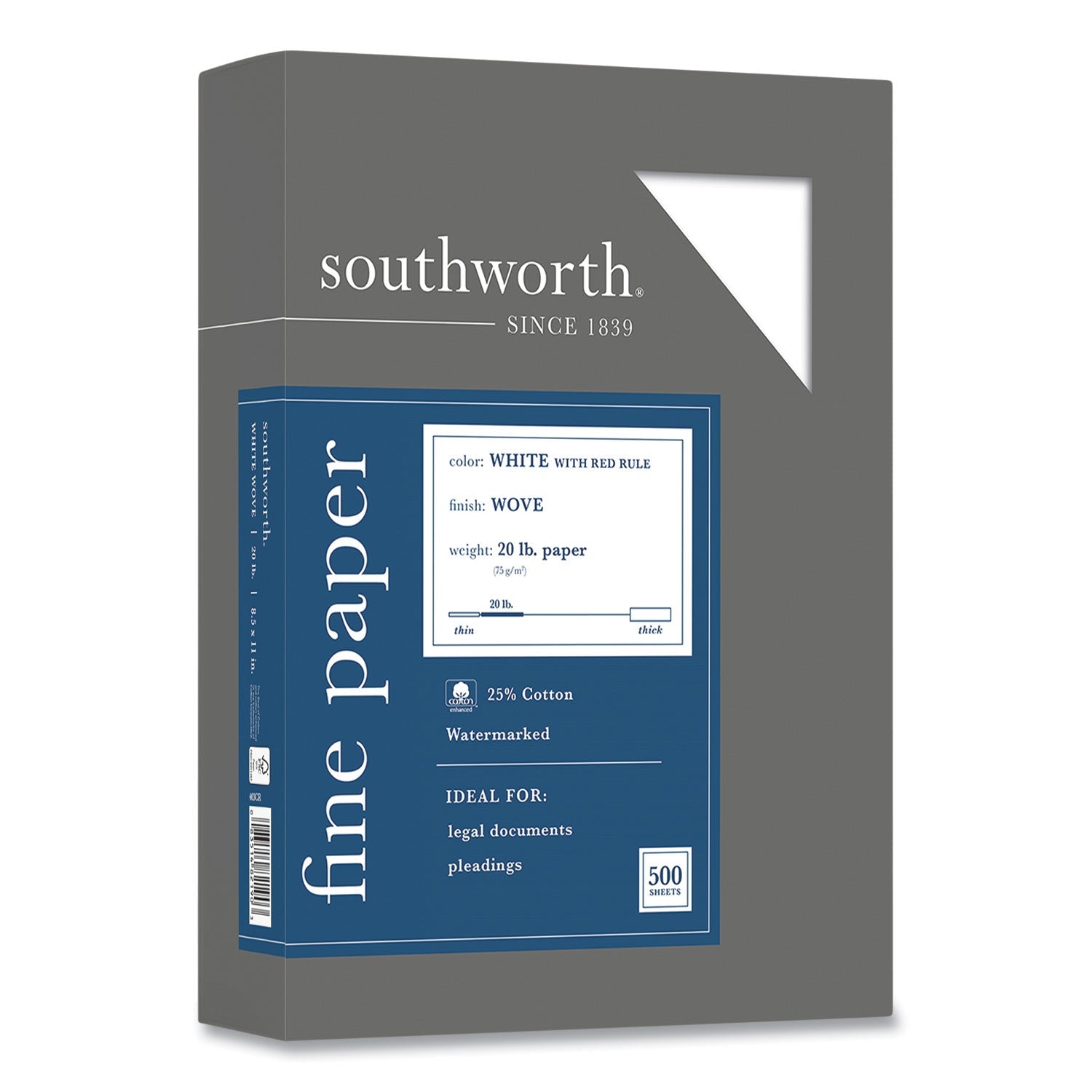 Southworth 25% Cotton Business Paper, 95 Bright, 20 lb Bond Weight, 8.5 x 11, White, 500 Sheets/Ream