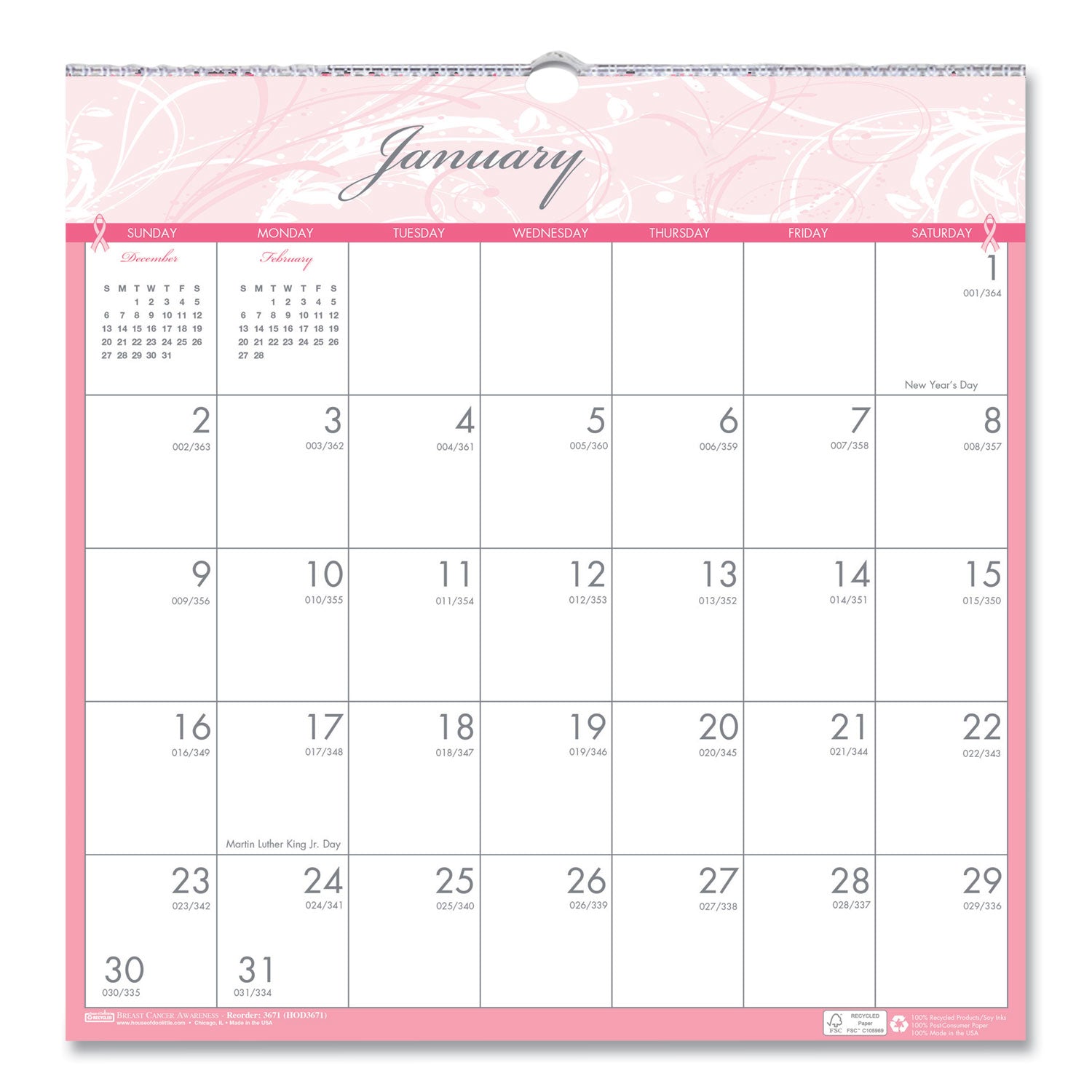 House of Doolittle Recycled Monthly Wall Calendar, Breast Cancer Awareness Artwork, 12 x 12, White/Pink/Gray Sheets, 12-Month (Jan-Dec): 2023