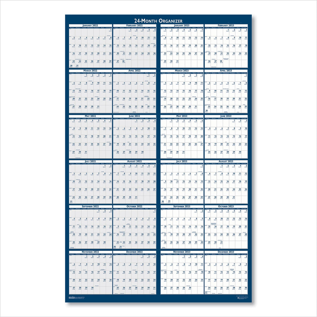 House of Doolittle Reversible/Erasable 2 Year Wall Calendar, 24 x 37, Light Blue/Blue/White Sheets, 24-Month (Jan to Dec): 2023 to 2024
