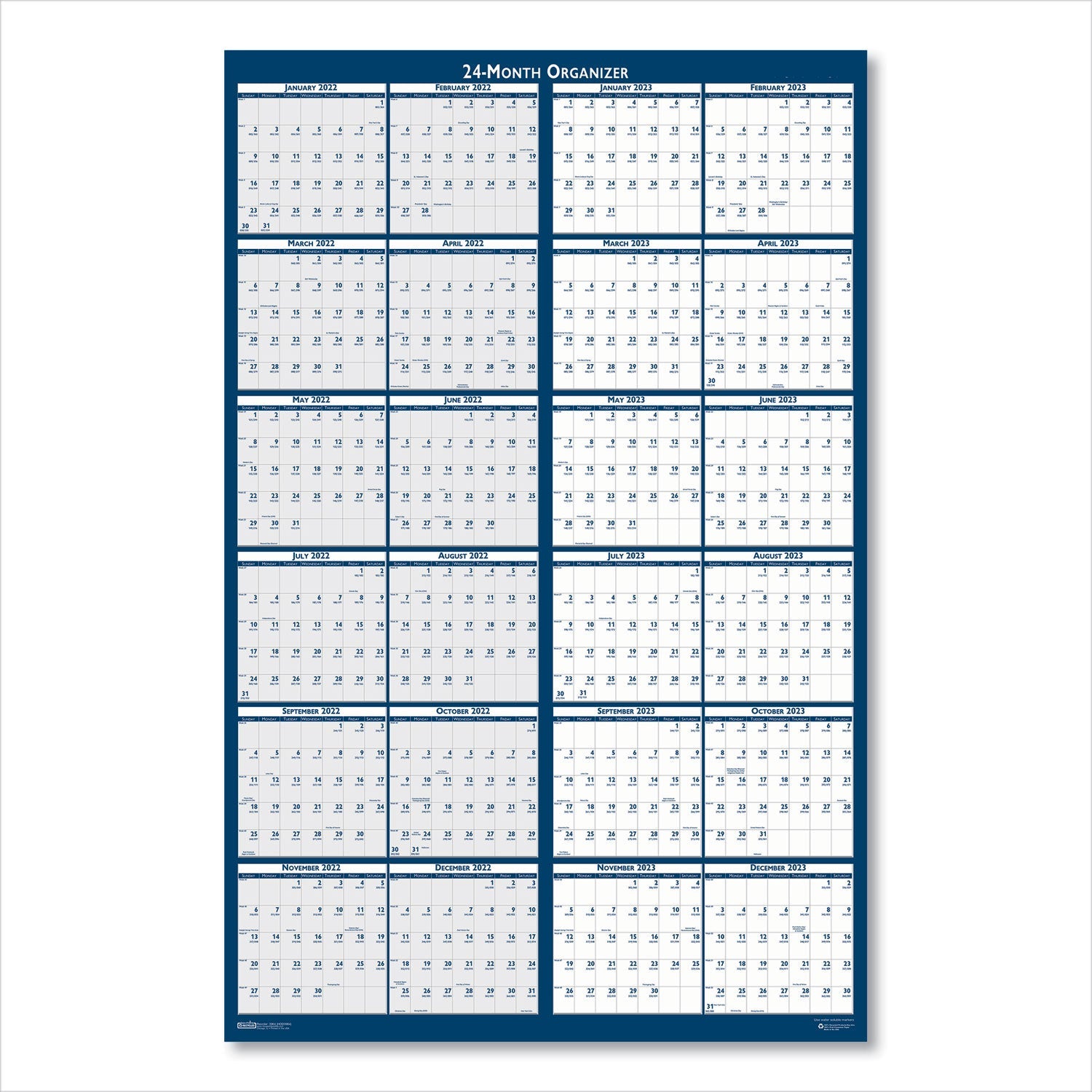 House of Doolittle Reversible/Erasable 2 Year Wall Calendar, 24 x 37, Light Blue/Blue/White Sheets, 24-Month (Jan to Dec): 2023 to 2024