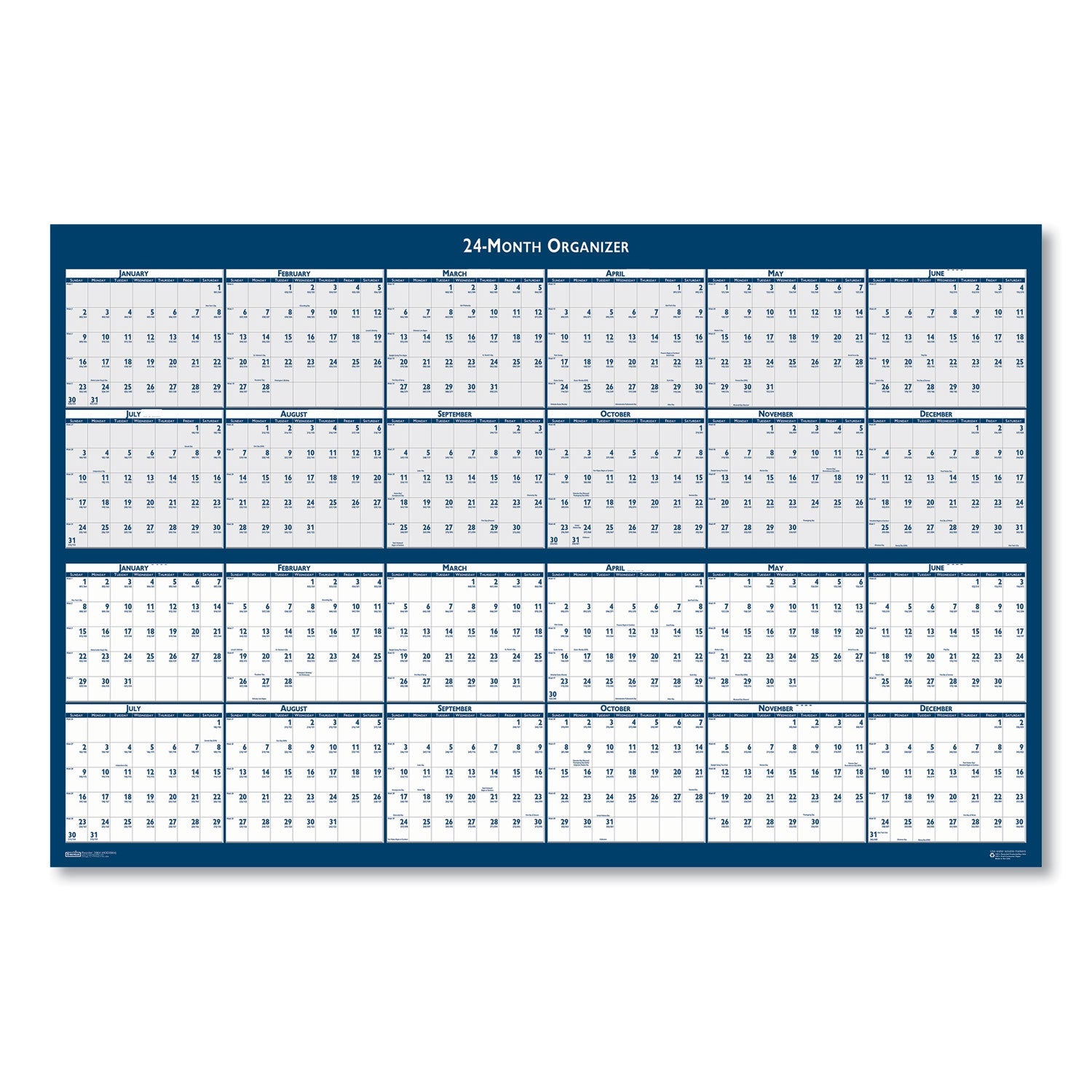 House of Doolittle Reversible/Erasable 2 Year Wall Calendar, 24 x 37, Light Blue/Blue/White Sheets, 24-Month (Jan to Dec): 2023 to 2024