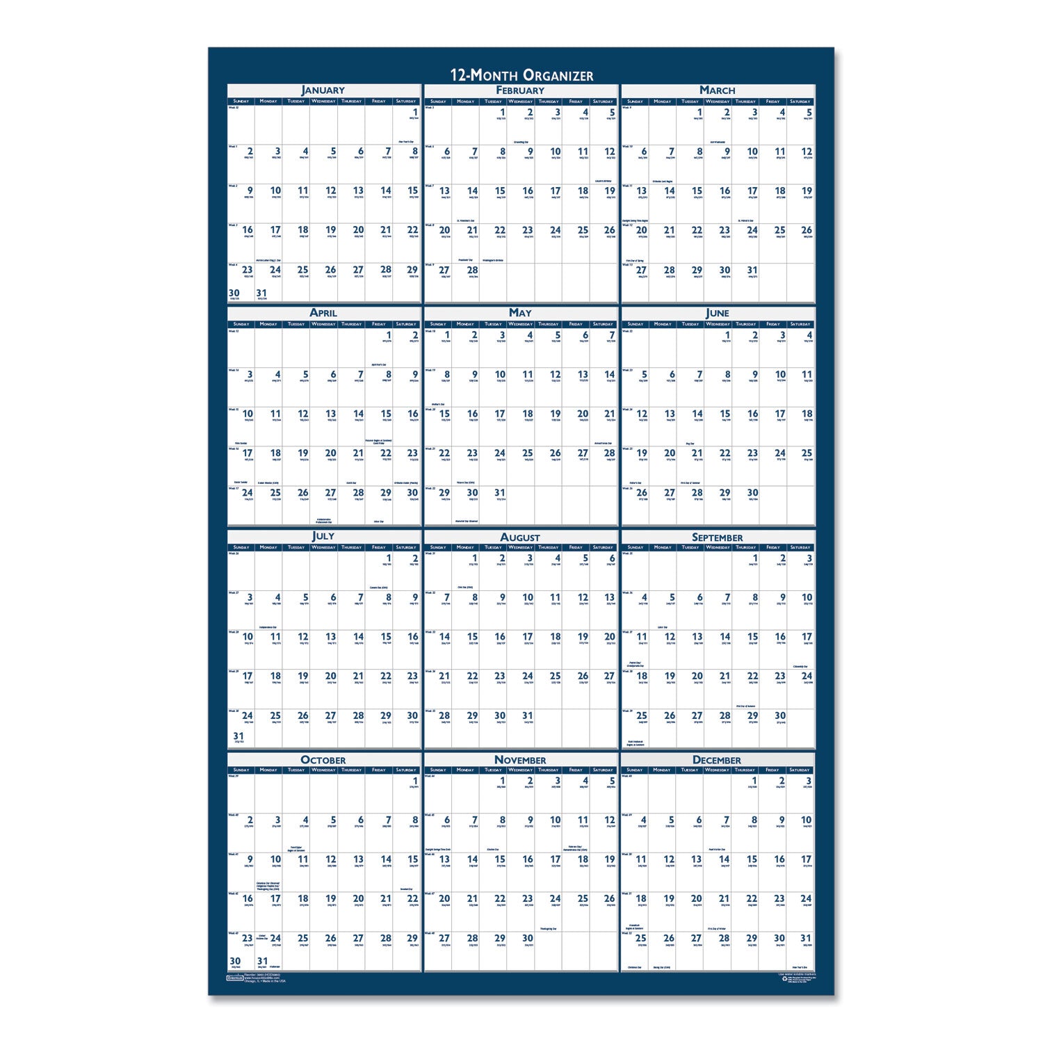 House of Doolittle Recycled Poster Style Reversible/Erasable Yearly Wall Calendar, 24 x 37, White/Blue/Gray Sheets, 12-Month (Jan to Dec): 2023