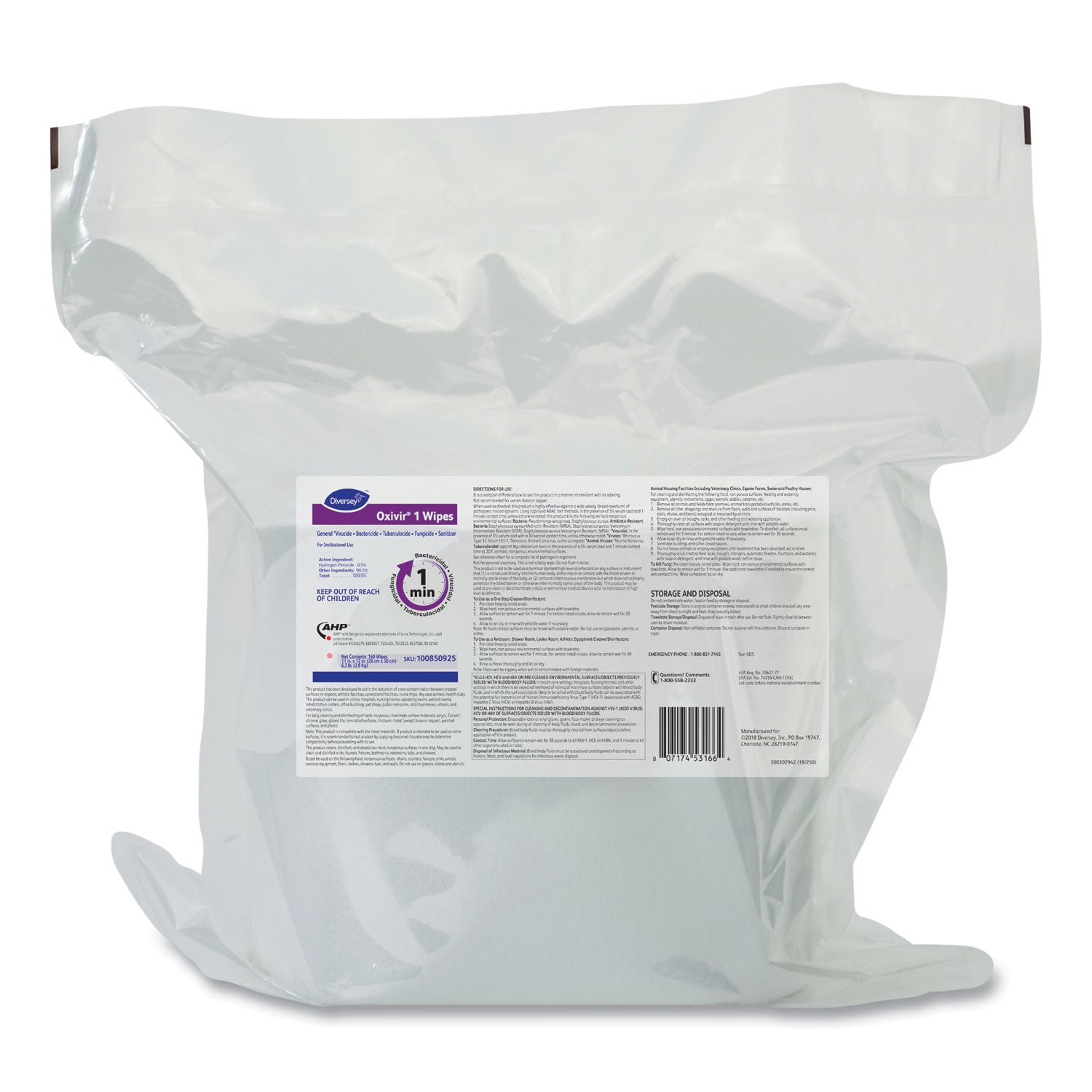 Diversey Oxivir 1 Wipes, 11 x 12, Cherry Almond Scent, 160/Refill Pack, 4/Carton