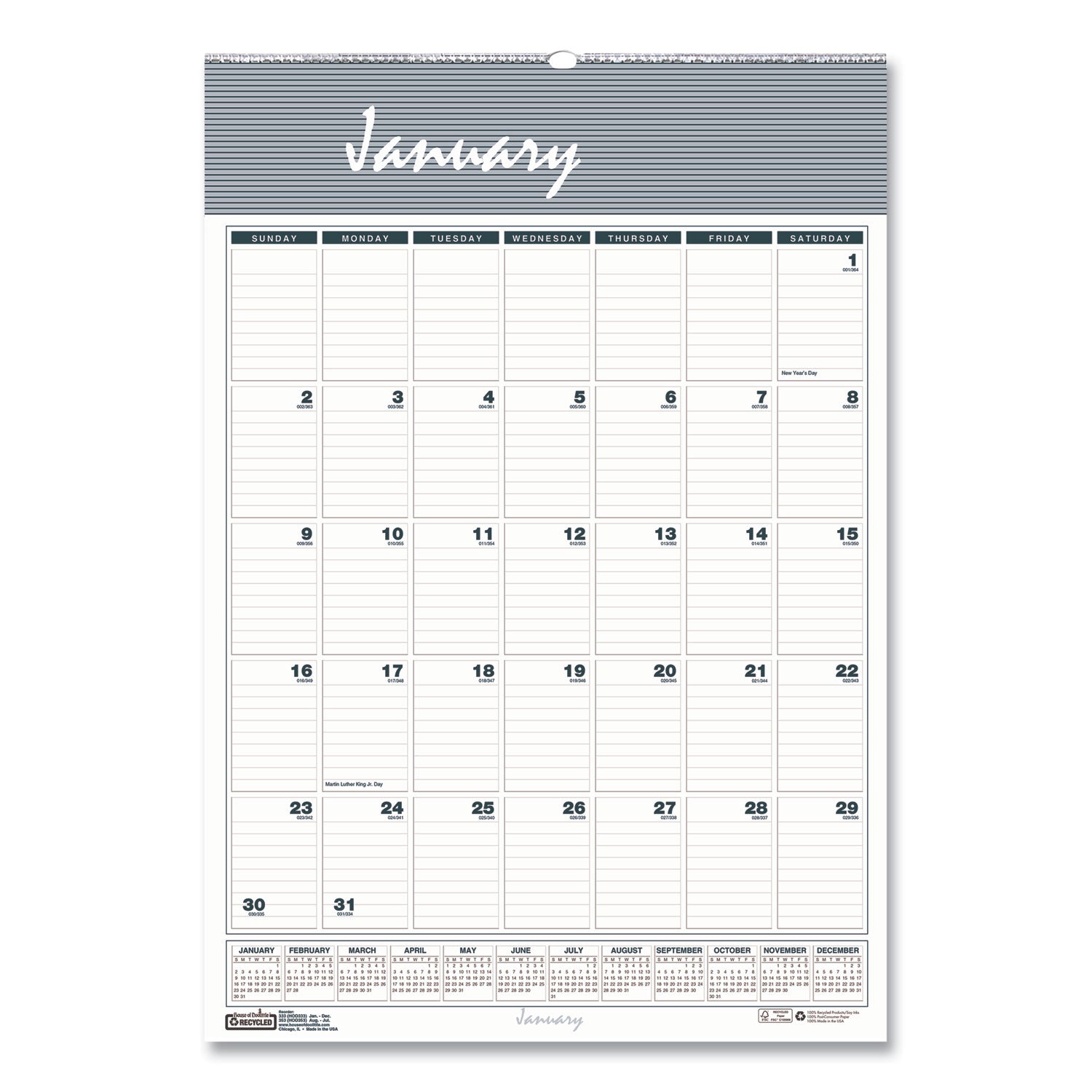 House of Doolittle Bar Harbor Recycled Wirebound Monthly Wall Calendar, 15.5 x 22, White/Blue/Gray Sheets, 12-Month (Jan-Dec): 2023