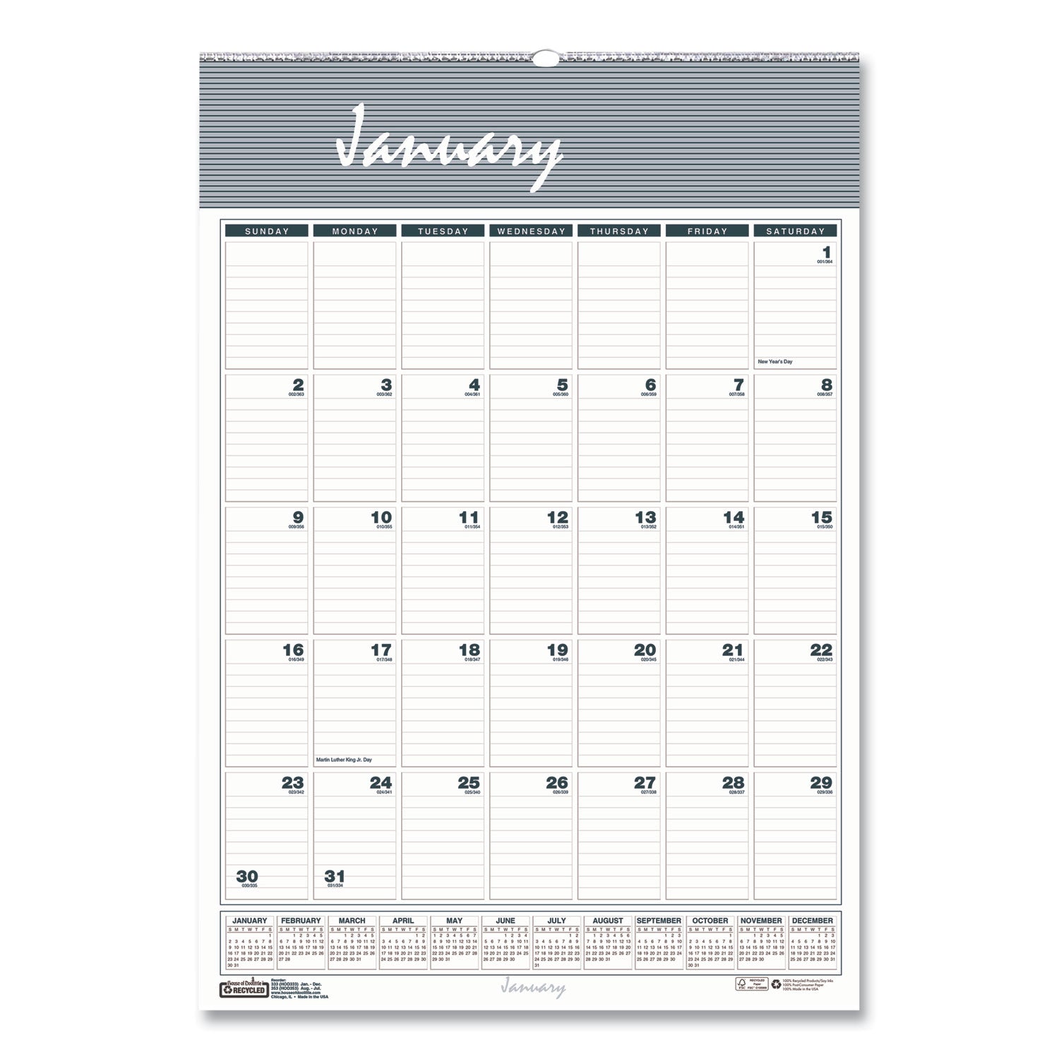 House of Doolittle Bar Harbor Recycled Wirebound Monthly Wall Calendar, 8.5 x 11, White/Blue/Gray Sheets, 12-Month (Jan-Dec): 2023