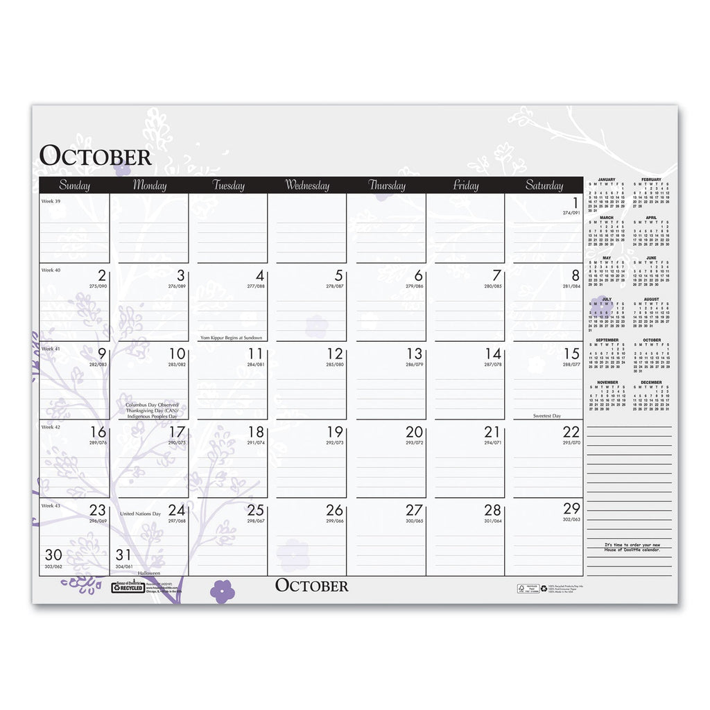 House of Doolittle Recycled Desk Pad Calendar, Wild Flowers Artwork, 18.5 x 13, White Sheets, Black Binding/Corners,12-Month (Jan-Dec): 2023