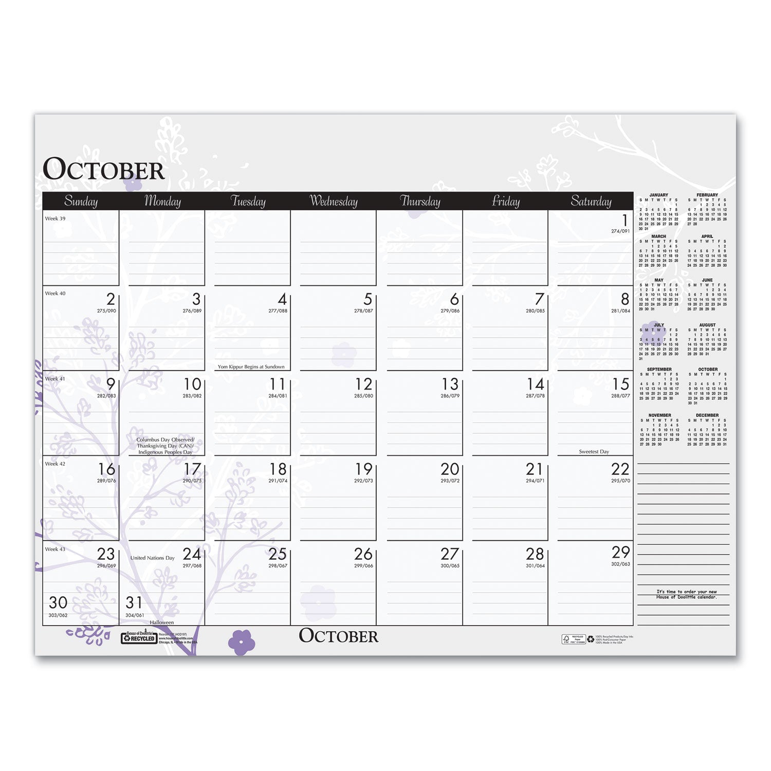 House of Doolittle Recycled Desk Pad Calendar, Wild Flowers Artwork, 18.5 x 13, White Sheets, Black Binding/Corners,12-Month (Jan-Dec): 2023