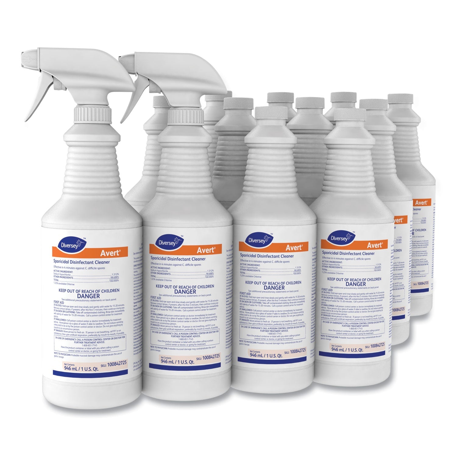 Diversey Avert Sporicidal Disinfectant Cleaner, 32 oz Spray Bottle, 12/Carton