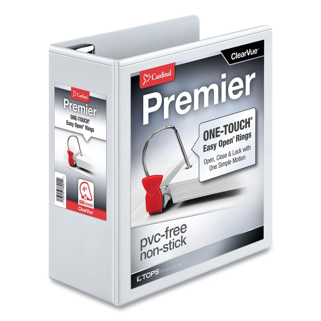 Cardinal Premier Easy Open ClearVue Locking Slant-D Ring Binder, 3 Rings, 4" Capacity, 11 x 8.5, White