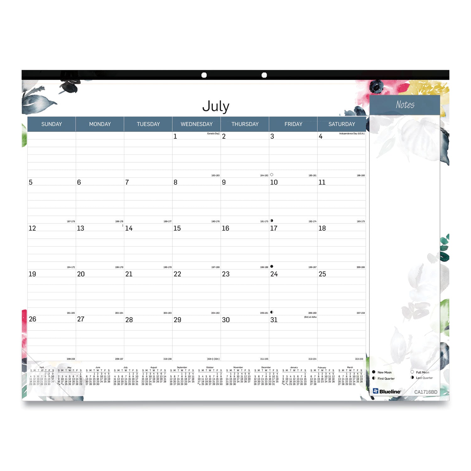 Blueline Spring Monthly Academic Desk Pad Calendar, Flora Artwork, 22 x 17, Black Binding, 18-Month (July to Dec): 2022 to 2023