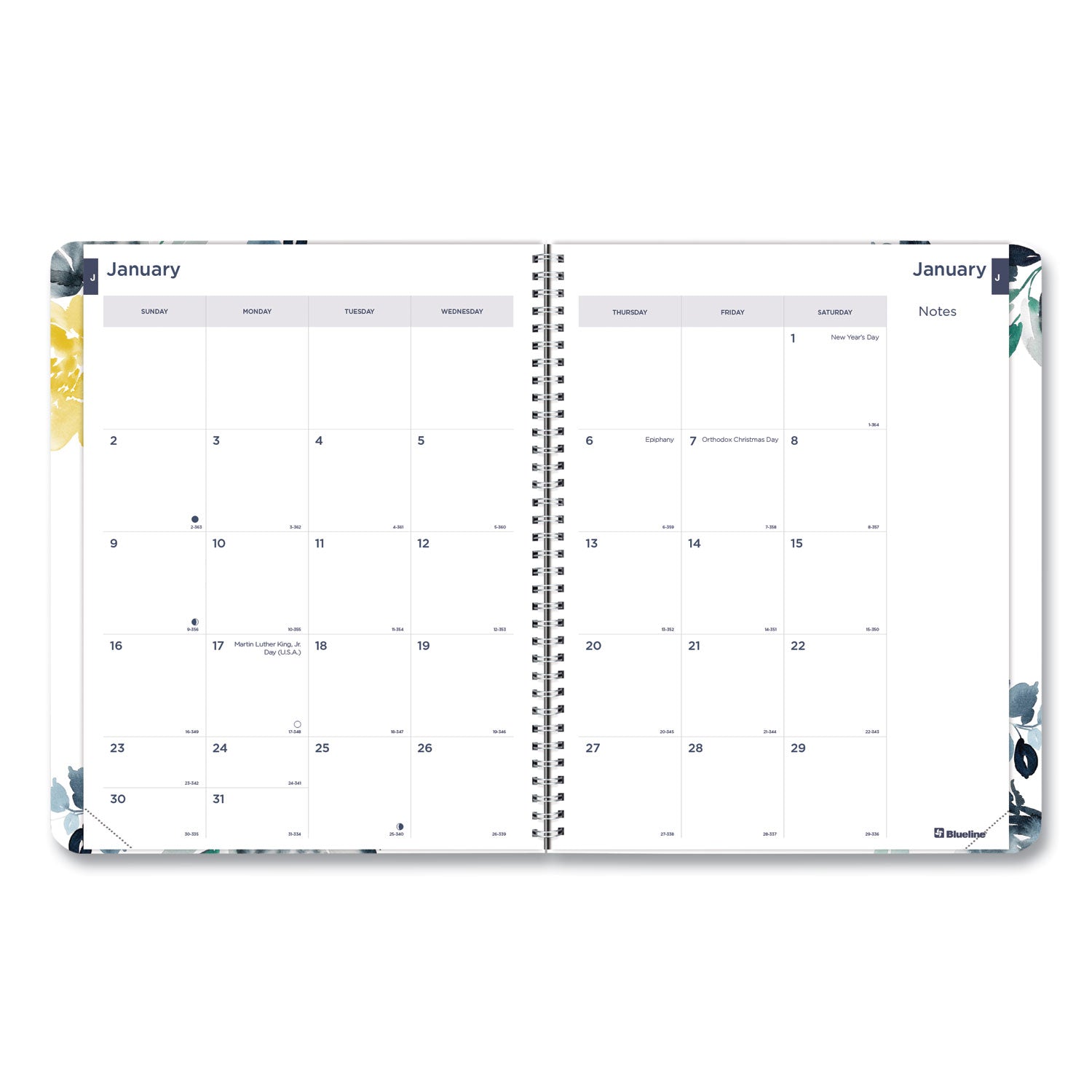 Blueline Soft Cover Design Weekly/Monthly Planner, Floral Watercolor Artwork, 11 x 8.5, White/Blue/Yellow, 12-Month (Jan to Dec): 2023