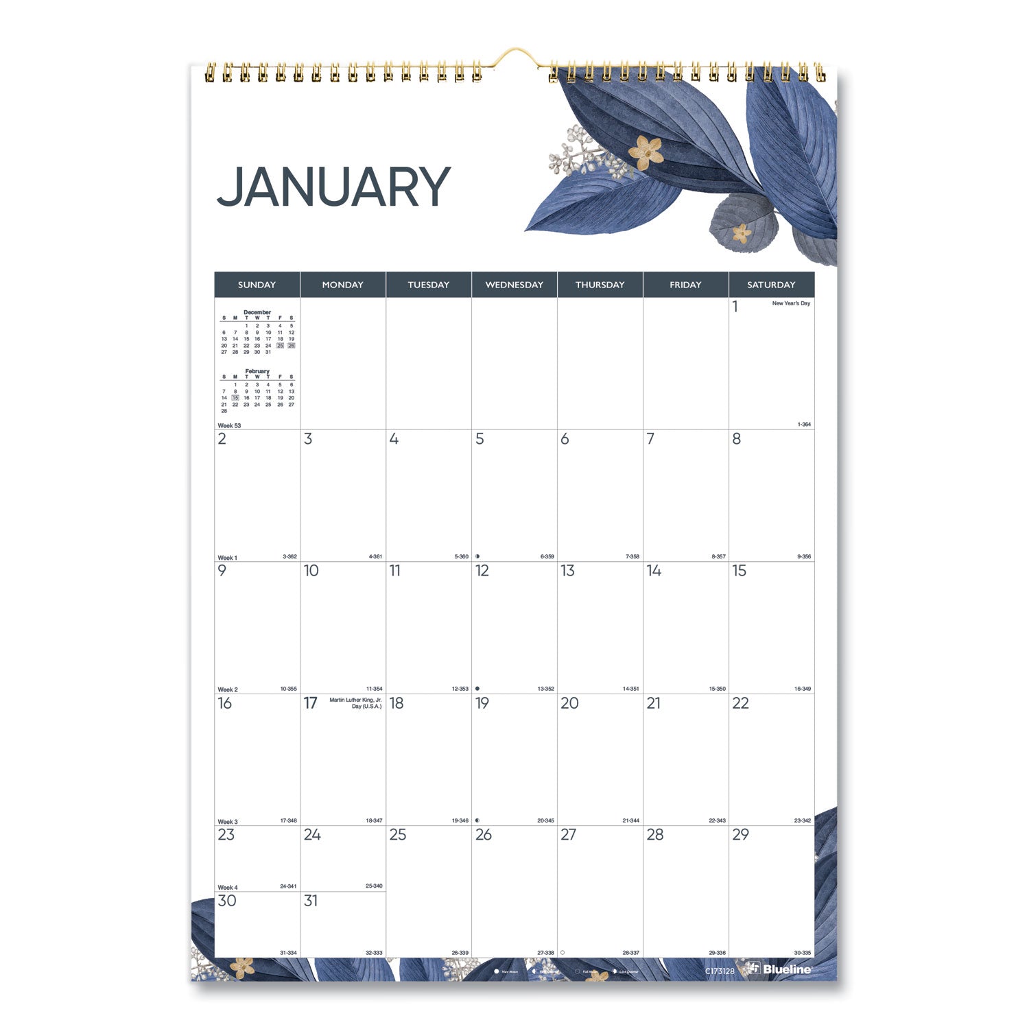 Blueline 12-Month Colorful Wall Calendar, Watercolor Gold Detail Floral Artwork, 12 x 17, White Sheets, 12-Month (Jan to Dec): 2023