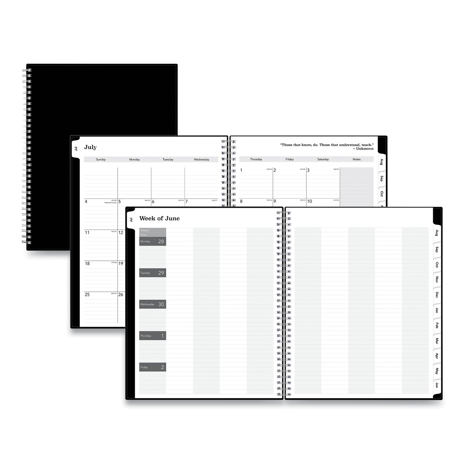 Blue Sky Solid Black Teacher's Weekly/Monthly Lesson Planner, Two-Page Spread (Nine Classes), 11 x 8.5, Black Cover, 2022 to 2023
