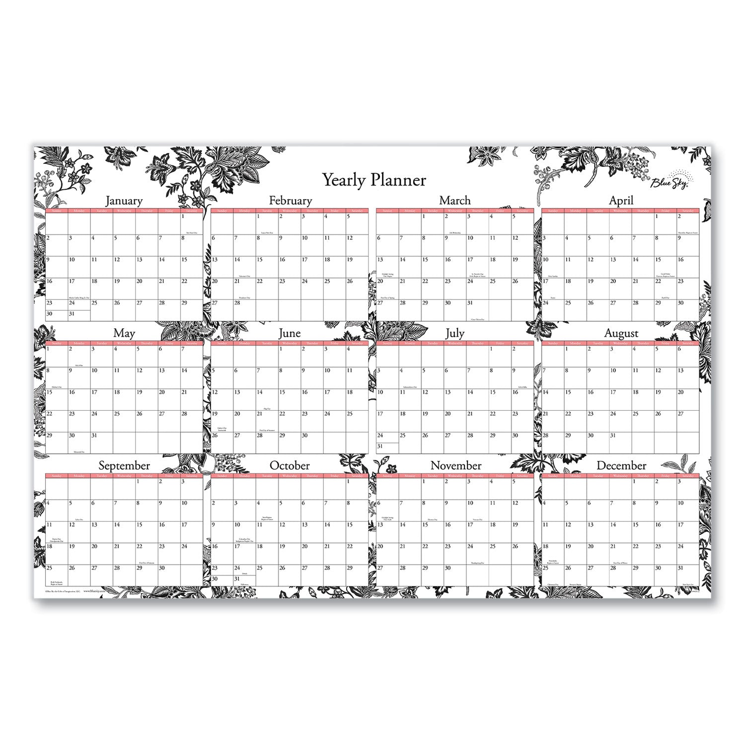 Blue Sky Analeis Laminated Erasable Wall Calendar, Floral Artwork, 36 x 24, White/Black/Coral Sheets, 12-Month (Jan to Dec): 2023