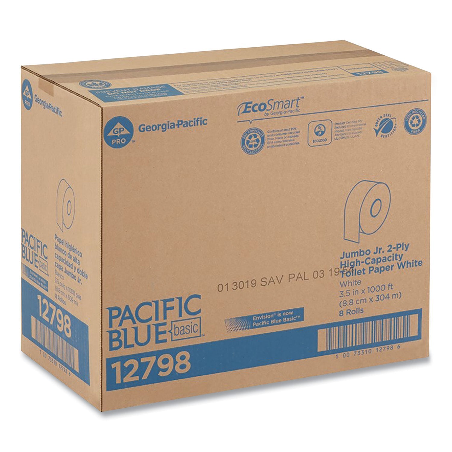 Georgia Pacific Jumbo Jr. Bathroom Tissue Roll, Septic Safe, 2-Ply, White, 3.5" x 1,000 ft, 8 Rolls/Carton