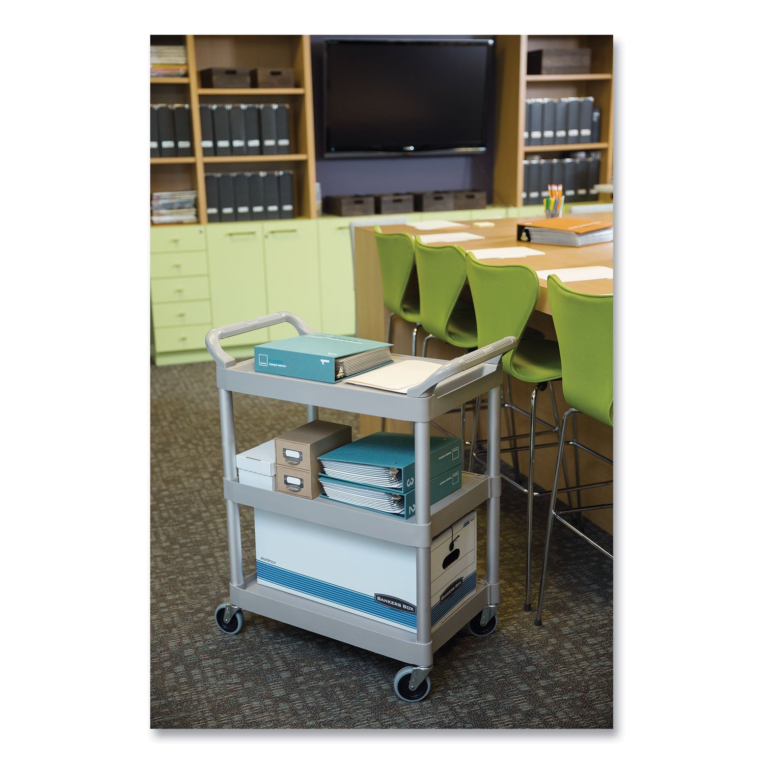 Rubbermaid Three-Shelf Service Cart, Plastic, 3 Shelves, 200 lb Capacity, 18.63" x 33.63" x 37.75", Off-White