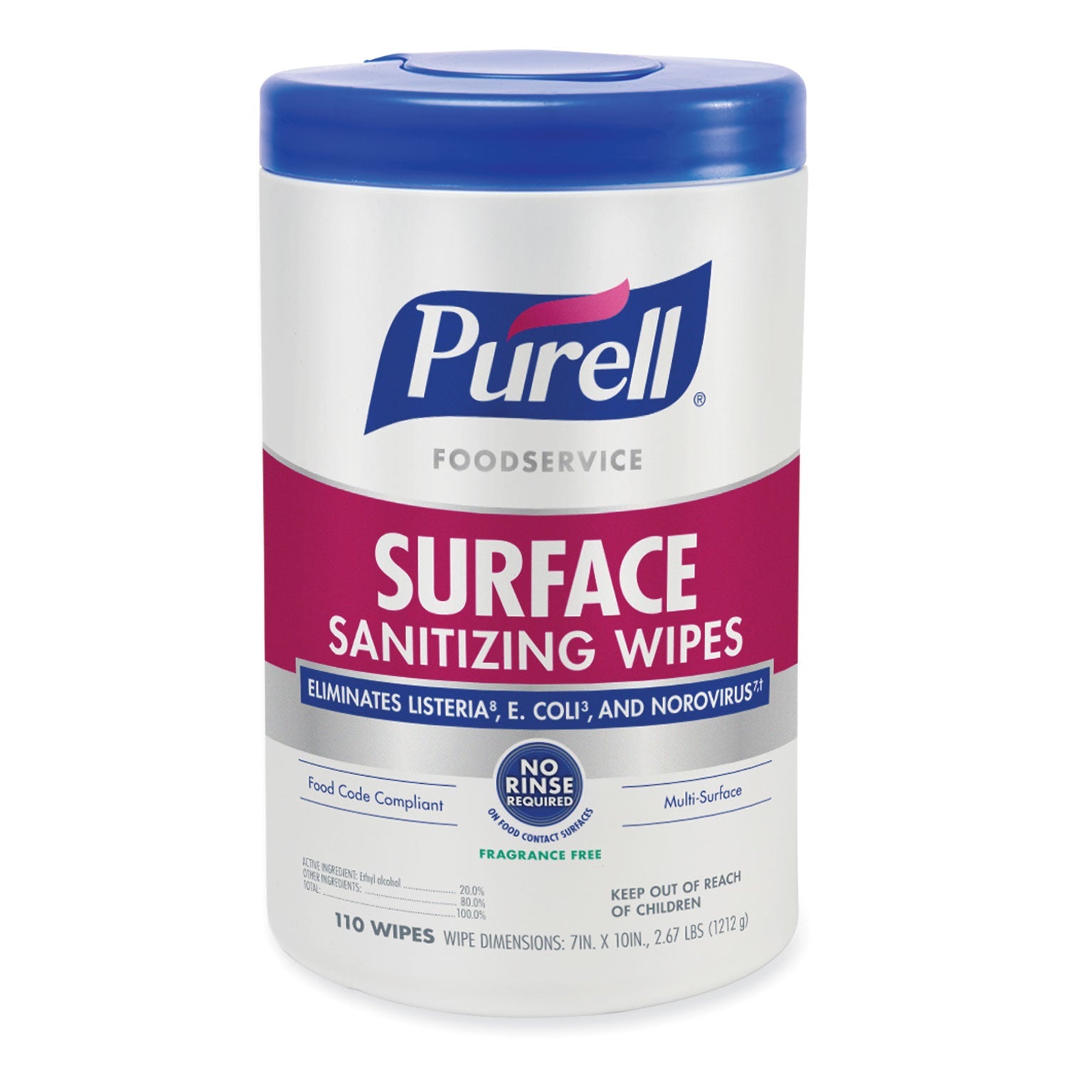 PURELL Foodservice Surface Sanitizing Wipes, 10 x 7, Fragrance-Free, 110/Canister, 6 Canisters/Carton
