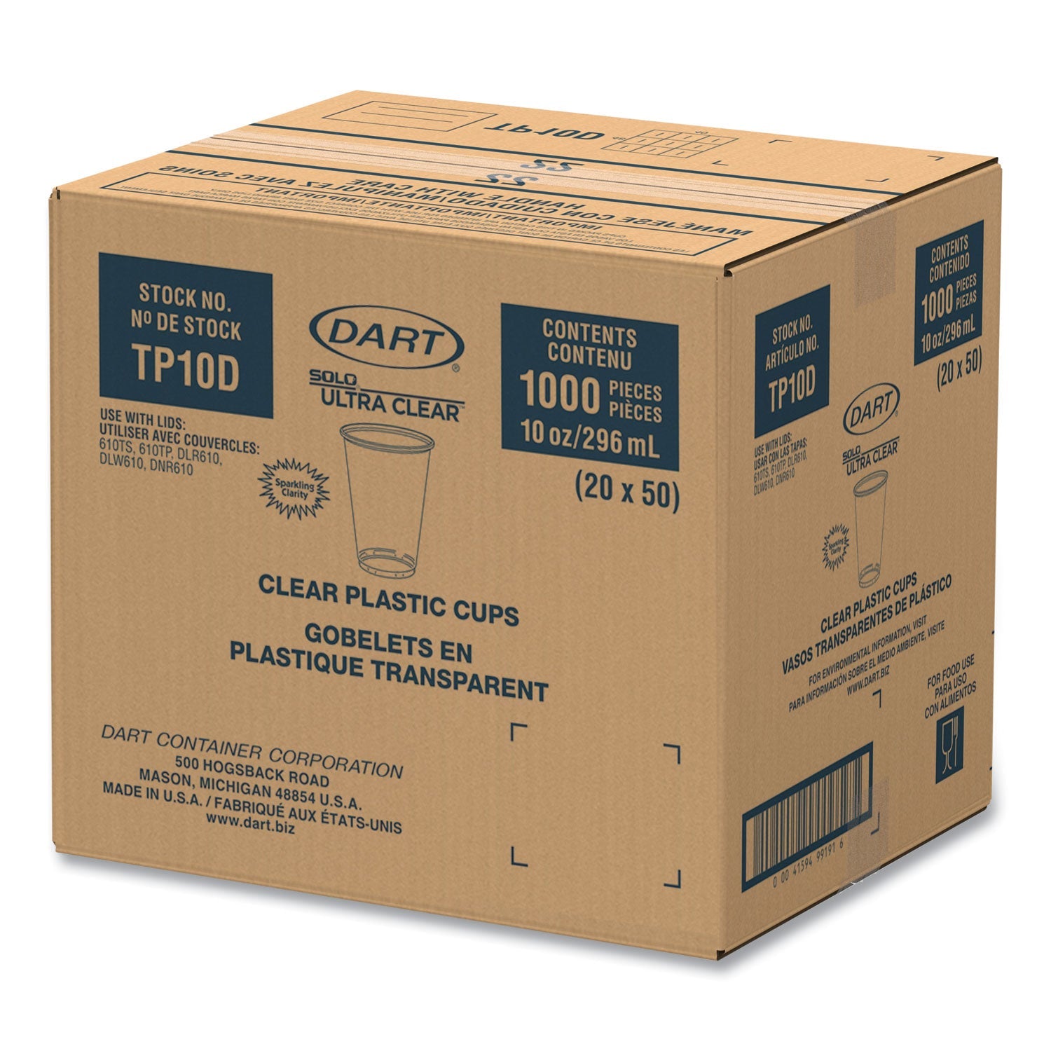Dart Ultra Clear PET Cups, 10 oz, Tall, 50/Bag, 20 Bags/Carton