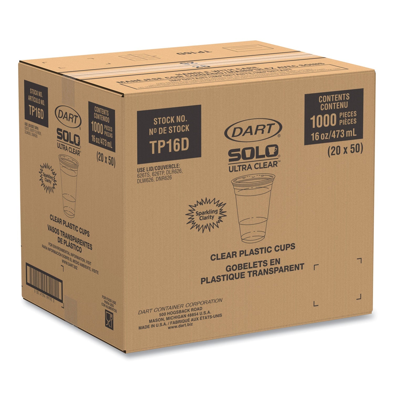 Dart Ultra Clear PET Cups, 16 oz, Squat, 50/Bag, 20 Bags/Carton