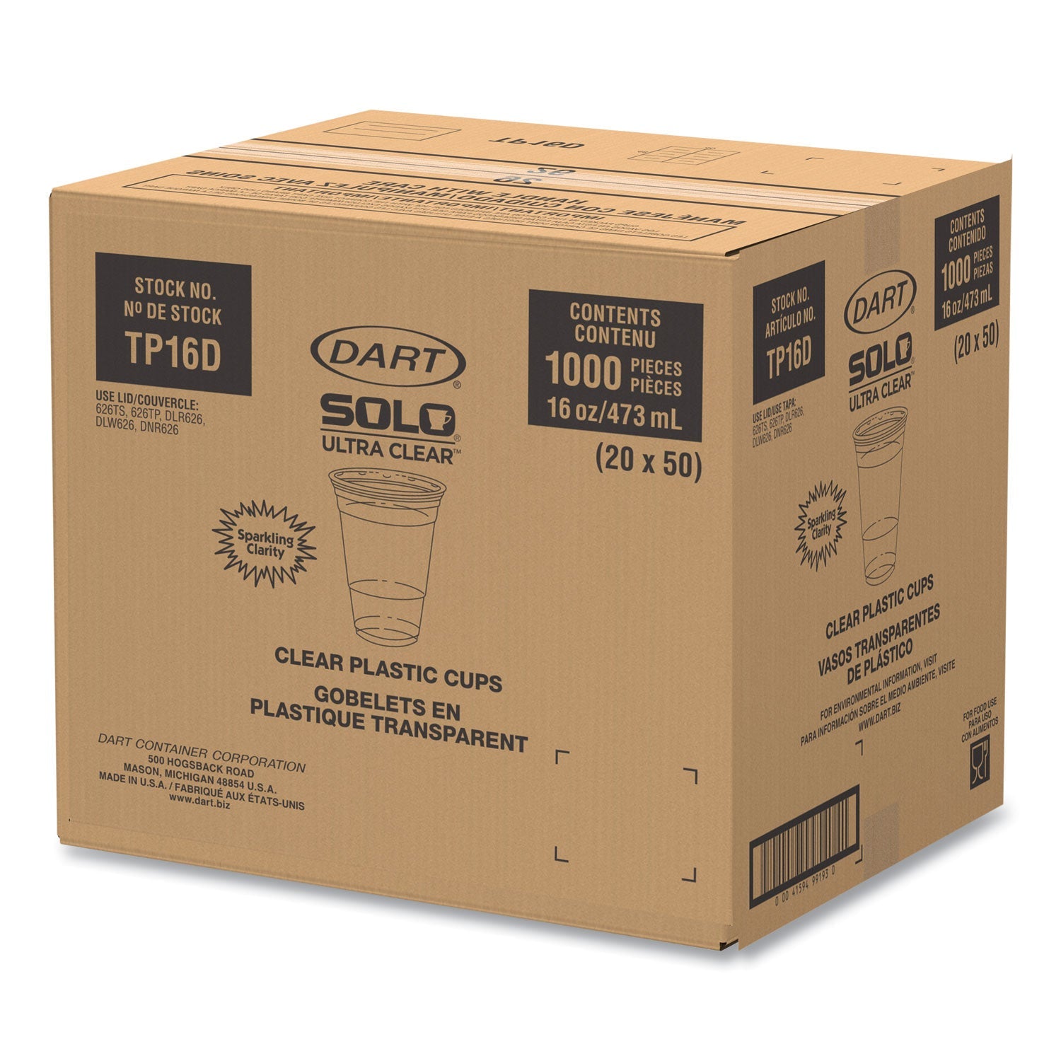 Dart Ultra Clear PET Cups, 16 oz, Squat, 50/Bag, 20 Bags/Carton