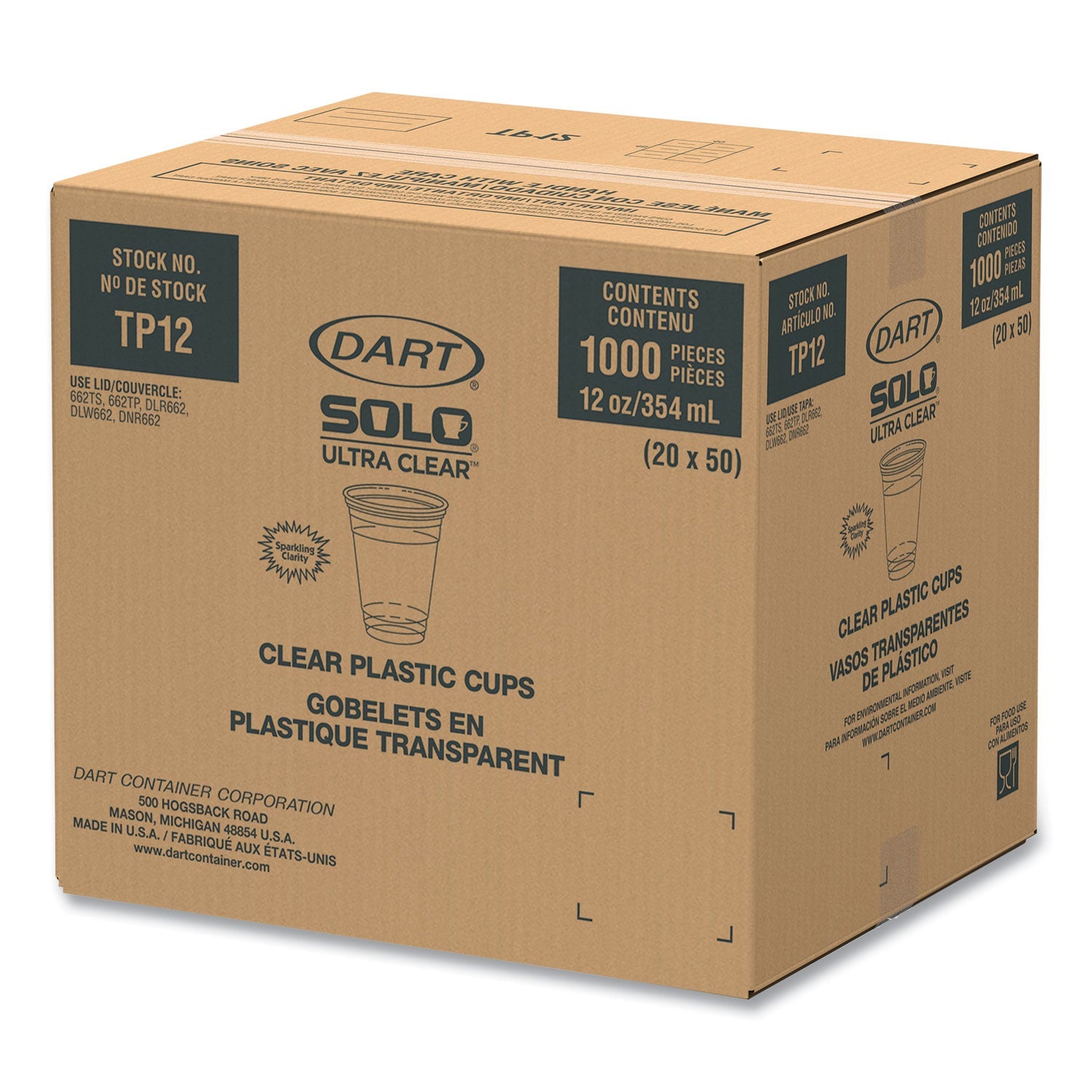 Dart Ultra Clear PET Cups, 12 oz to 14 oz, Practical Fill, 50/Bag, 20 Bags/Carton