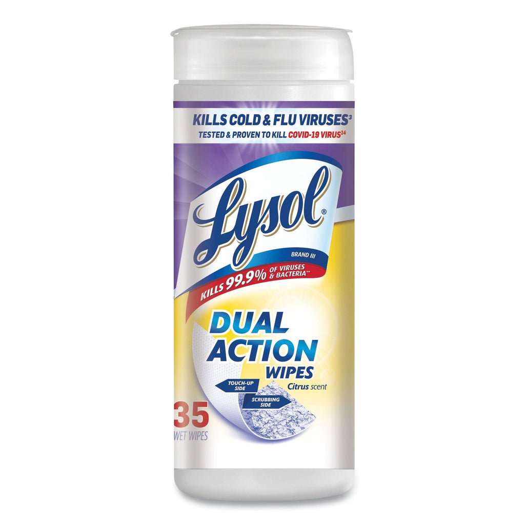 LYSOL Dual Action Disinfecting Wipes, 7 x 7.5, Citrus, White/Purple, 35/Canister, 12 Canisters/Carton