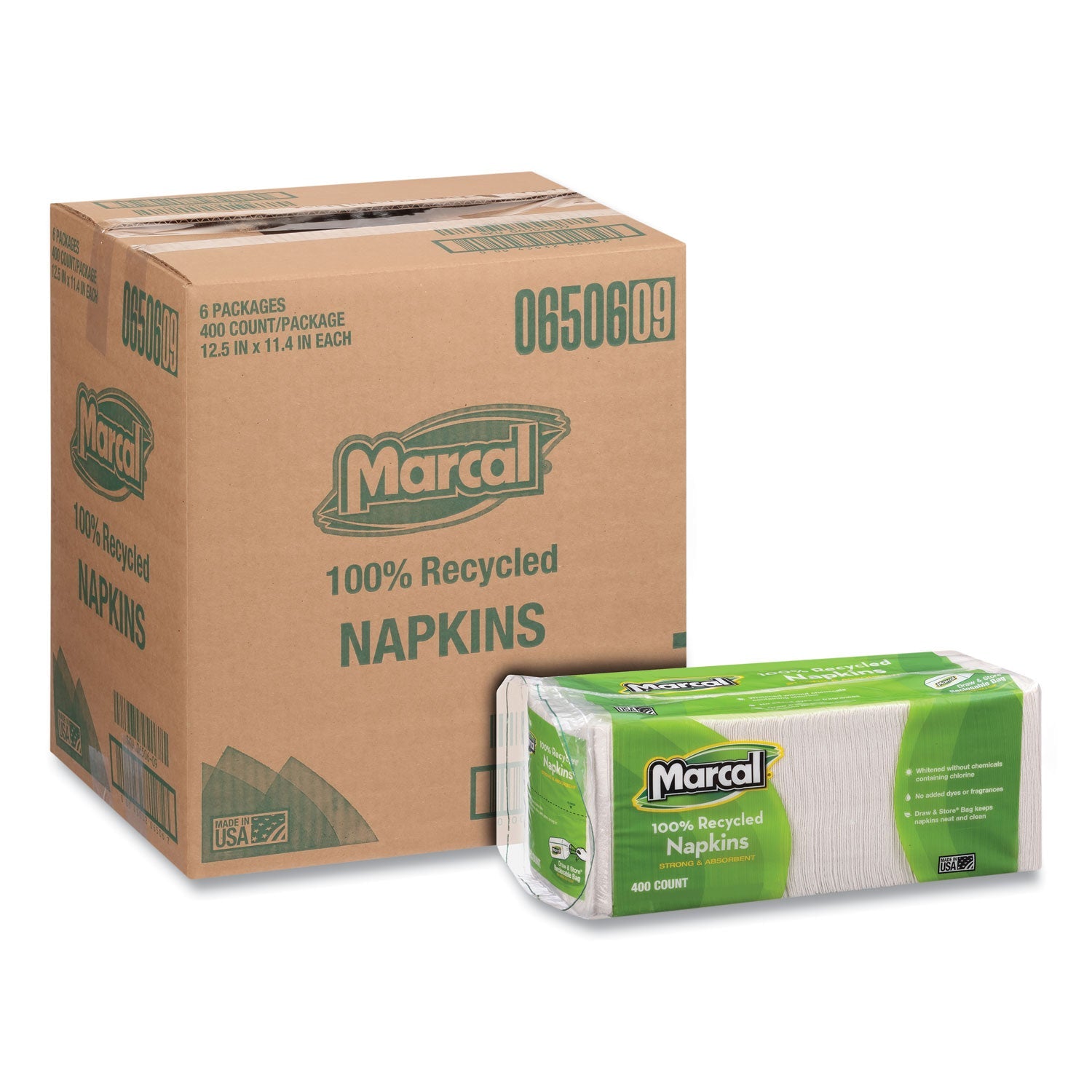 Marcal 100% Recycled Luncheon Napkins, 11.4 x 12.5, White, 400/Pack, 6PK/CT