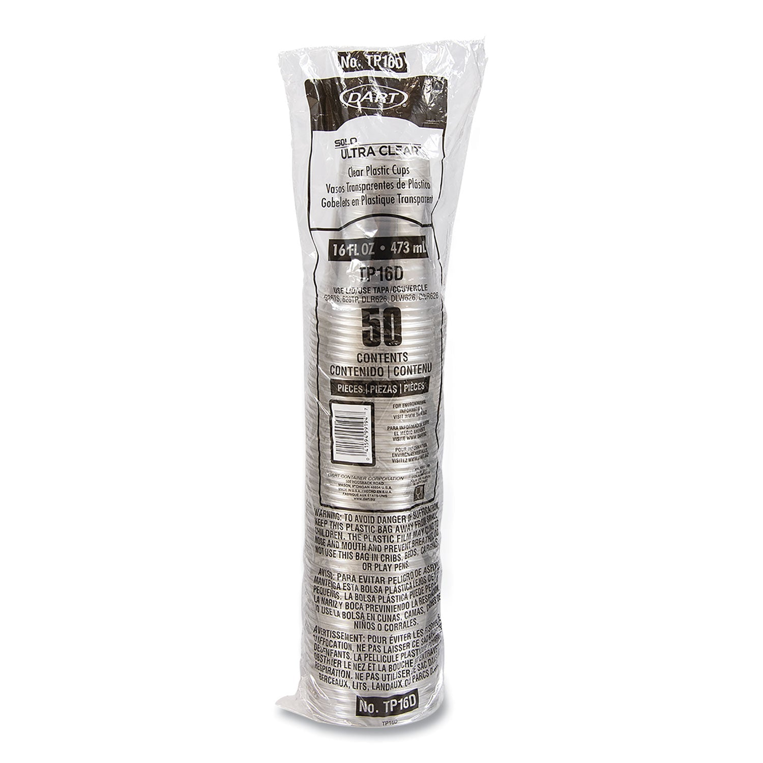 Dart Ultra Clear PET Cups, 16 oz, Squat, 50/Bag, 20 Bags/Carton
