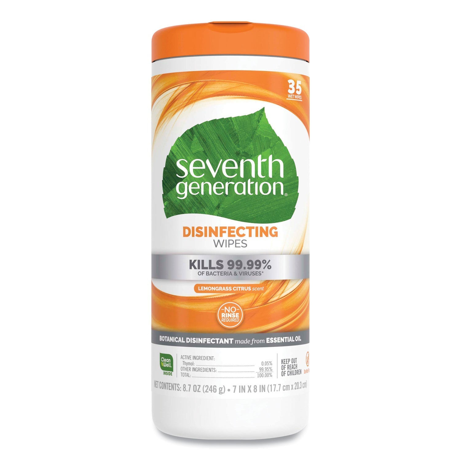 Seventh Generation Botanical Disinfecting Wipes, Lemongrass Citrus, White, 7 x 8, 35 Wipes