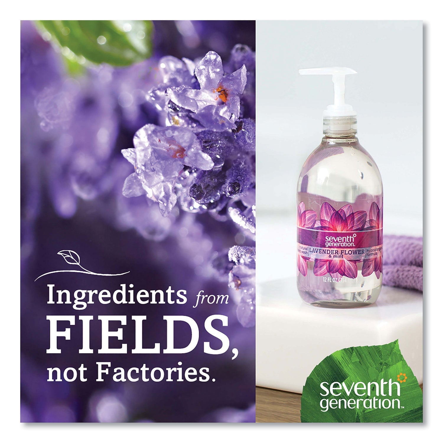 Seventh Generation Natural Hand Wash, Lavender Flower and Mint, 12 oz Pump Bottle, 8/Carton