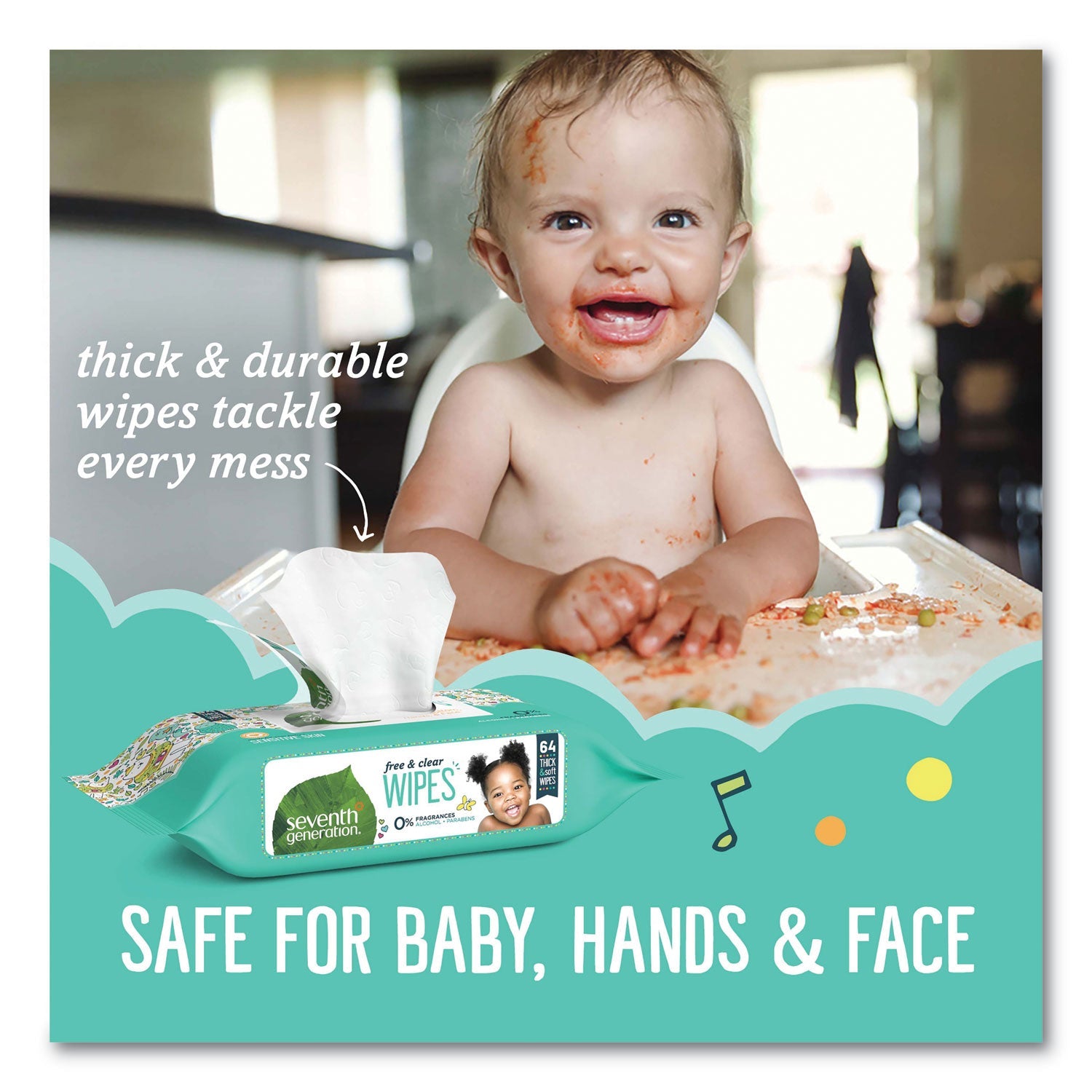 Seventh Generation Free and Clear Baby Wipes, 7 x 7, Refill, Unscented, White, 256/Pack, 3 Packs/Carton