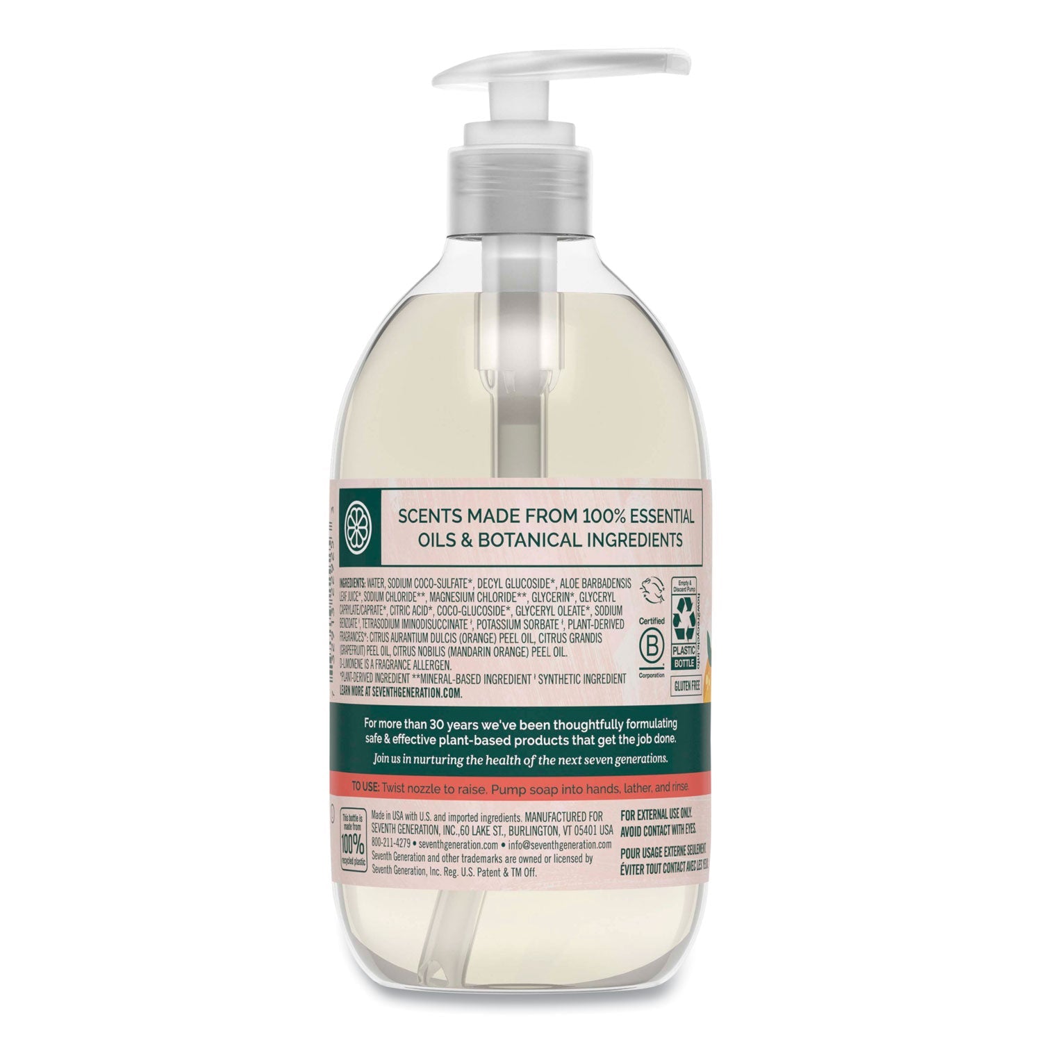 Seventh Generation Natural Hand Wash, Mandarin Orange and Grapefruit, 12 oz Pump Bottle, 8/Carton