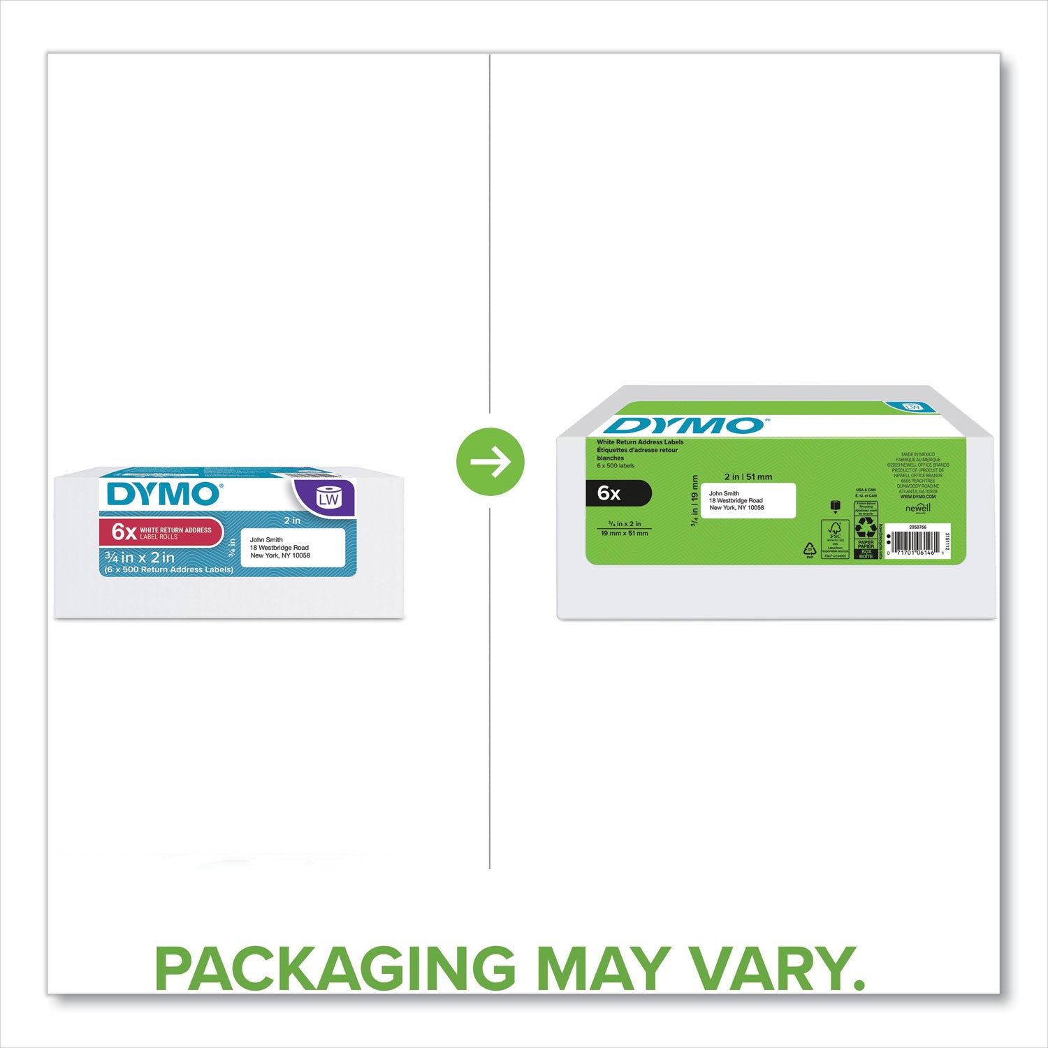 DYMO LW Address Labels, 0.75" x 2", White, 500 Labels/Roll, 6 Rolls/Pack