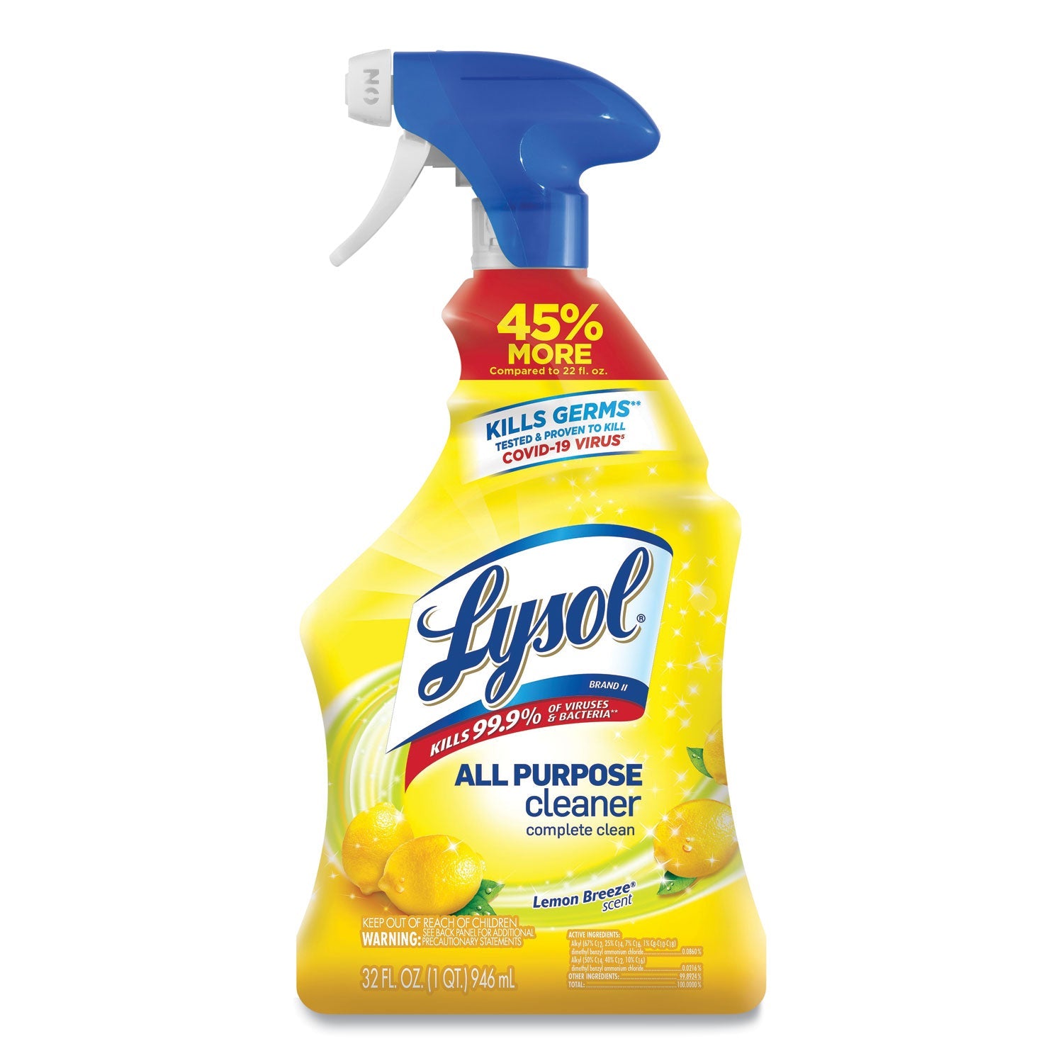 LYSOL Ready-to-Use All-Purpose Cleaner, Lemon Breeze, 32 oz Spray Bottle, 12/Carton