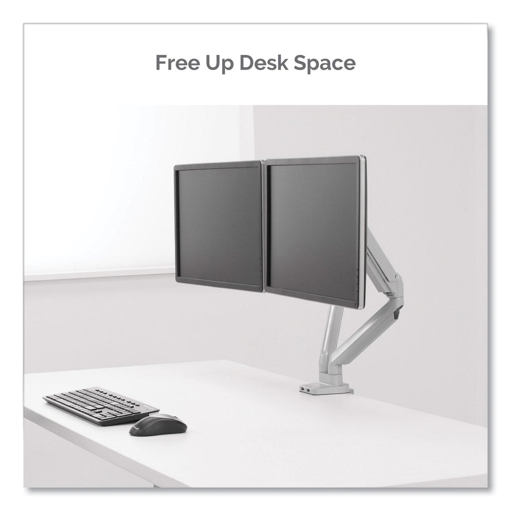 Fellowes Platinum Series Dual Monitor Arm, For 27" Monitors, 360 deg Rotation, 45 deg Tilt, 180 deg Pan, Silver, Supports 20 lb