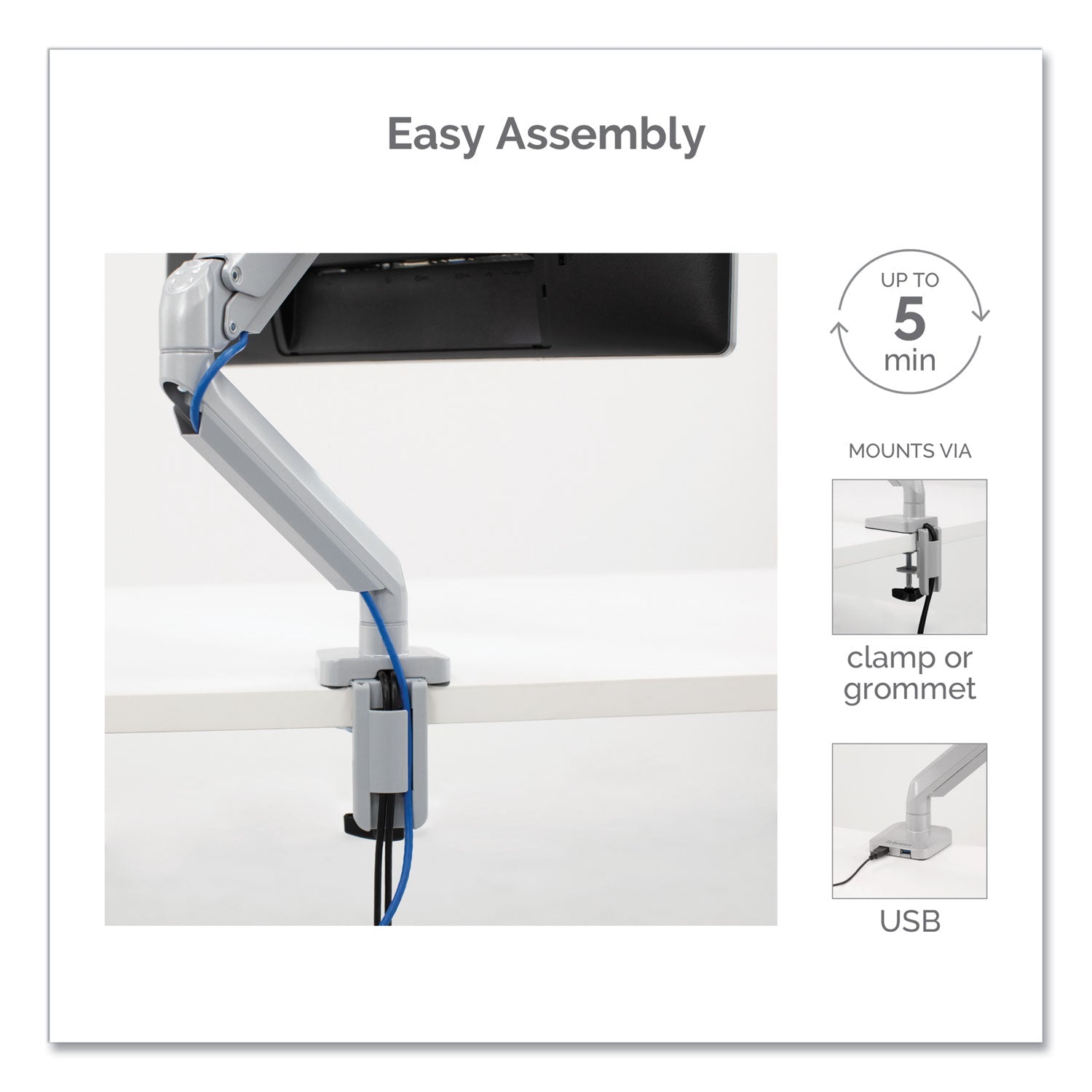 Fellowes Platinum Series Single Monitor Arm, For 27" Monitors, 360 deg Rotation, 45 deg Tilt, 180 deg Pan, Silver, Supports 20 lb
