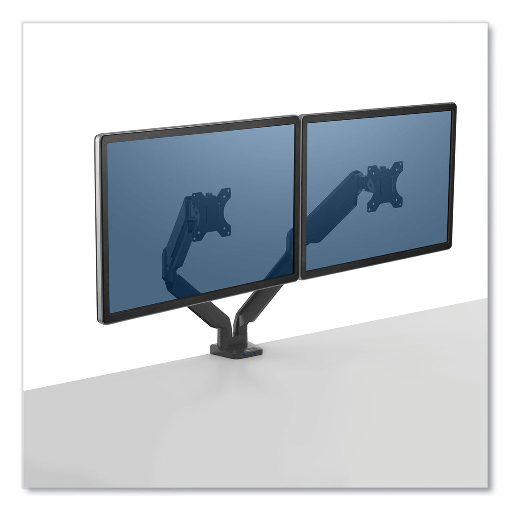 Fellowes Platinum Series Dual Monitor Arm for 27" Monitors, 360 deg Rotation, +85 deg/-20 deg Tilt, 360 deg Pan, Black, Supports 20 lb